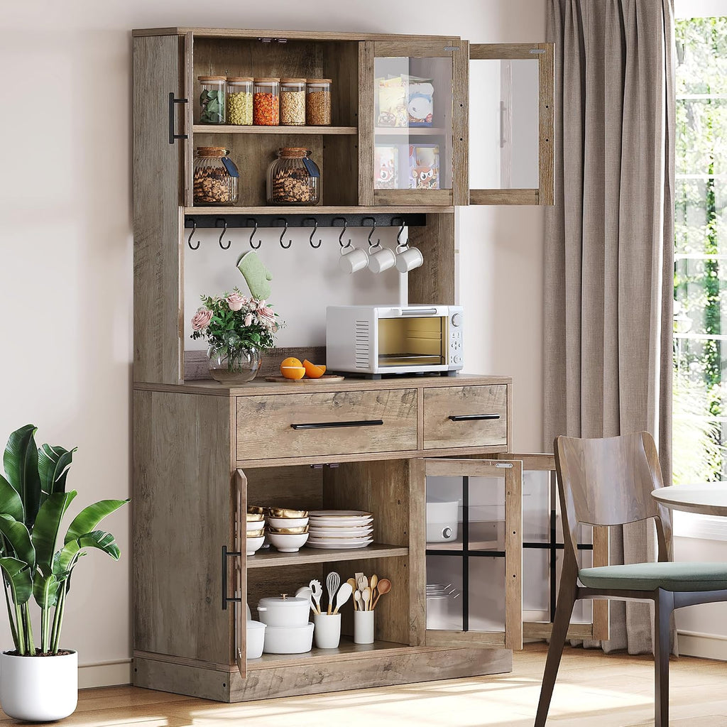 DWVO 71'' Tall Kitchen Pantry Storage Cabinet with Charge Station, Farmhouse Glass Display Food Pantry Hutch with Microwave Stand & Hooks & Drawers & Shelves for Home Living Dining Room, Lvory Grey