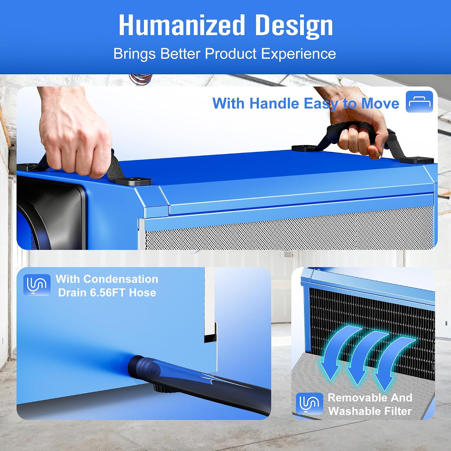 145 Pints Commercial Dehumidifier for Large Basements & Crawl Spaces up to 6500 Sq.Ft, Industrial Dehumidifiers for Water Damage Restoration, Auto Defrost, Continuous Drain Hose, Blue-2PC