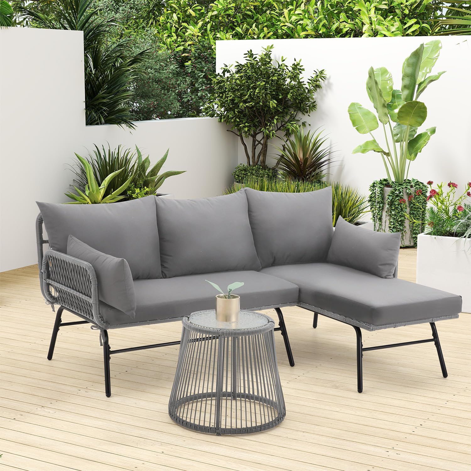 EROMMY 3 Piece Boho Patio Conversation Sets, L-Shaped Sectional Patio Furniture Sofa Set with Thick Cushions and Toughened Glass Coffee Table for Backyard Balcony Garden Porch, Gray
