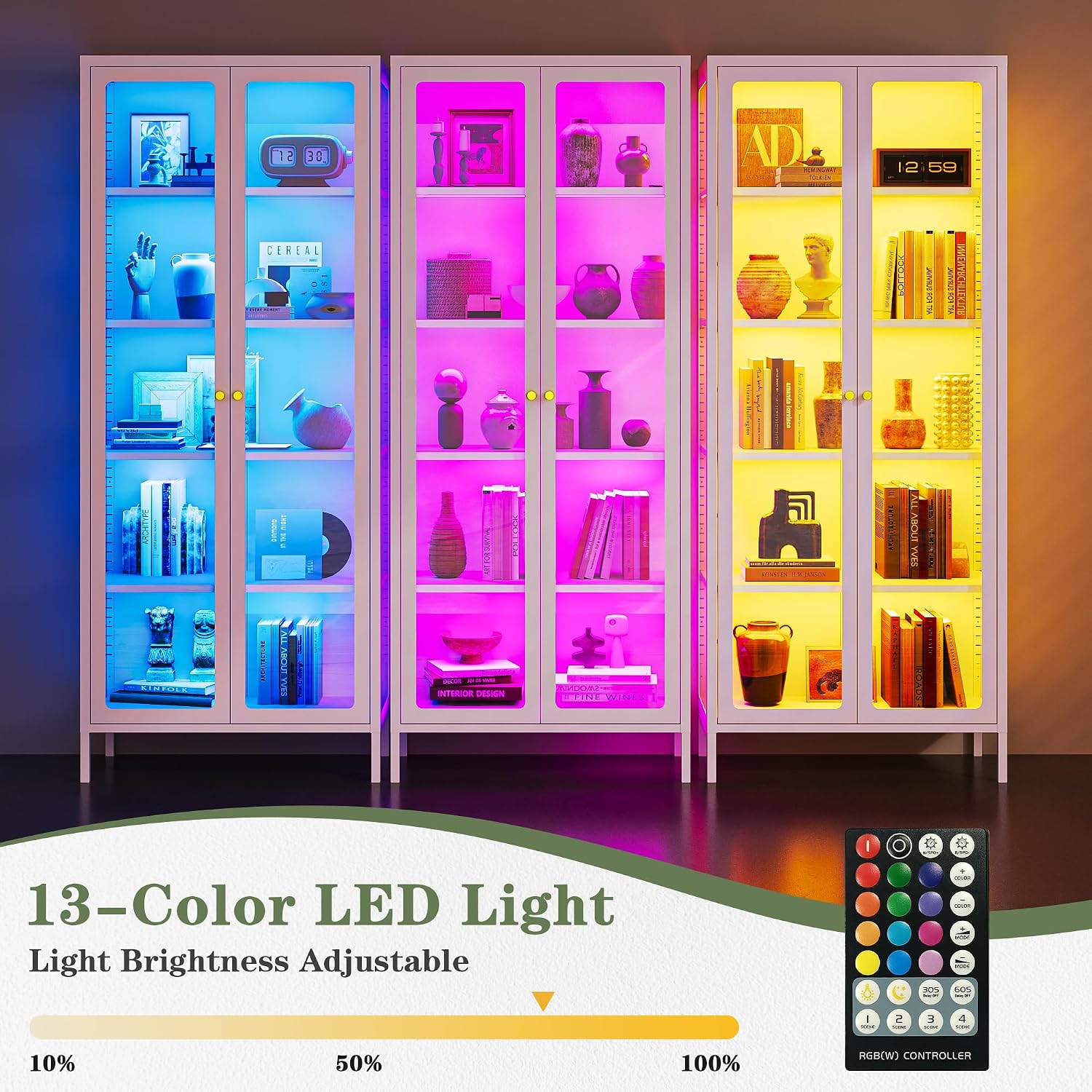 Lucky Monet 5-Tier Display Cabinet with 12 Color Lights & Glass Doors, 67' Lighted Curio Cabinet with Adjustable Shelves, Glass Metal Display Case for Collectibles Figures China (White)