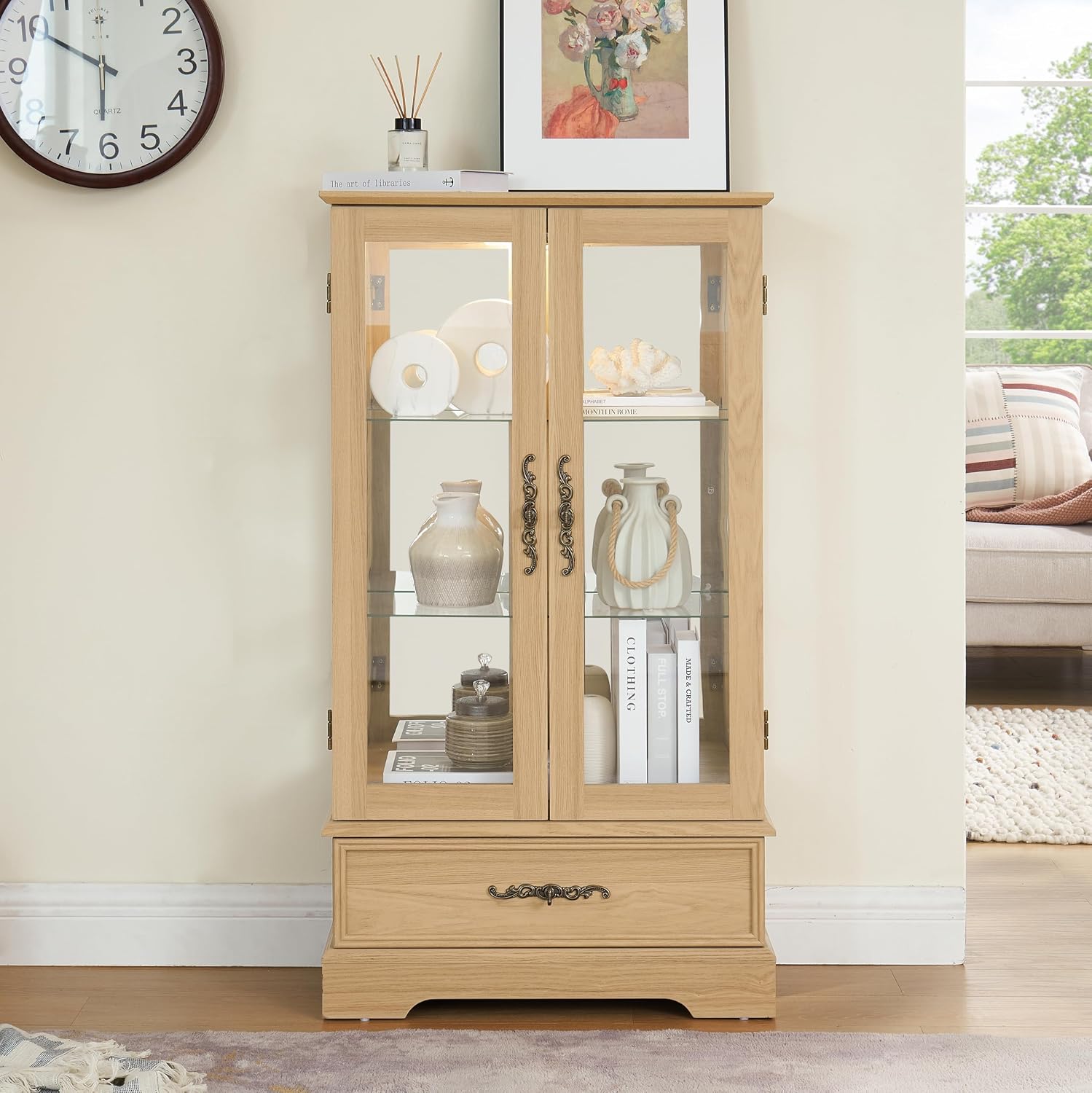 3-Tier Lighted Curio Display Cabinet, 47' H Glass Accent Storage Cabinet with Adjustable Glass Shelves & 1 Drawer, Wooden Wine Display Case with Mirrored Back Panel for Living Room (Oak)
