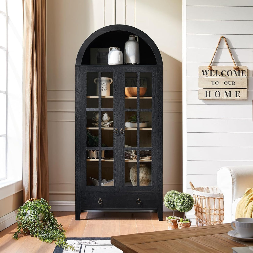 RowyPoey Farmhouse Arched Cabinet with Glass Doors, Wood Display Cabinet with Drawer and Adjustable Shelves, 71' Tall Bookshelf Modern Storage Kitchen Pantry for Living Room,Office (Black)