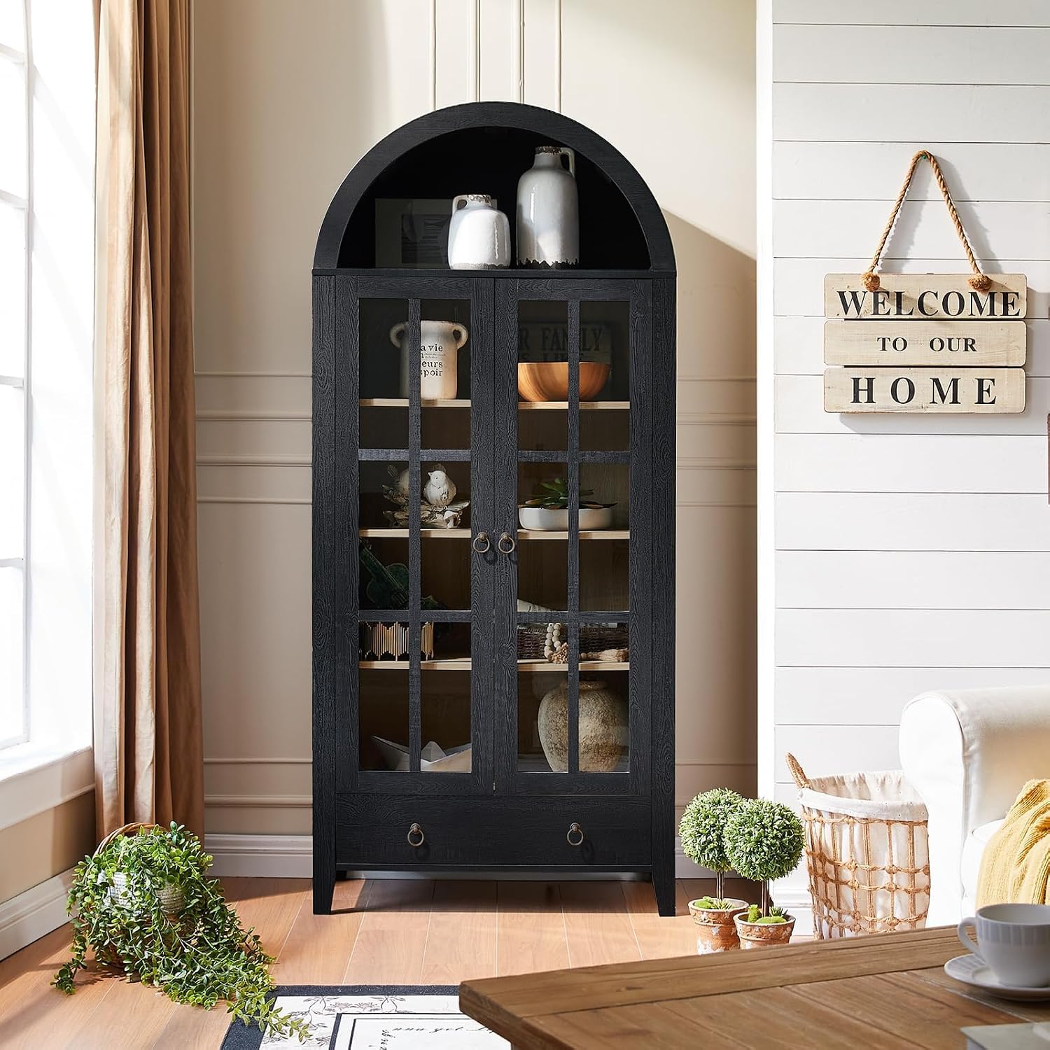 RowyPoey Farmhouse Arched Cabinet with Glass Doors, Wood Display Cabinet with Drawer and Adjustable Shelves, 71' Tall Bookshelf Modern Storage Kitchen Pantry for Living Room,Office (Black)