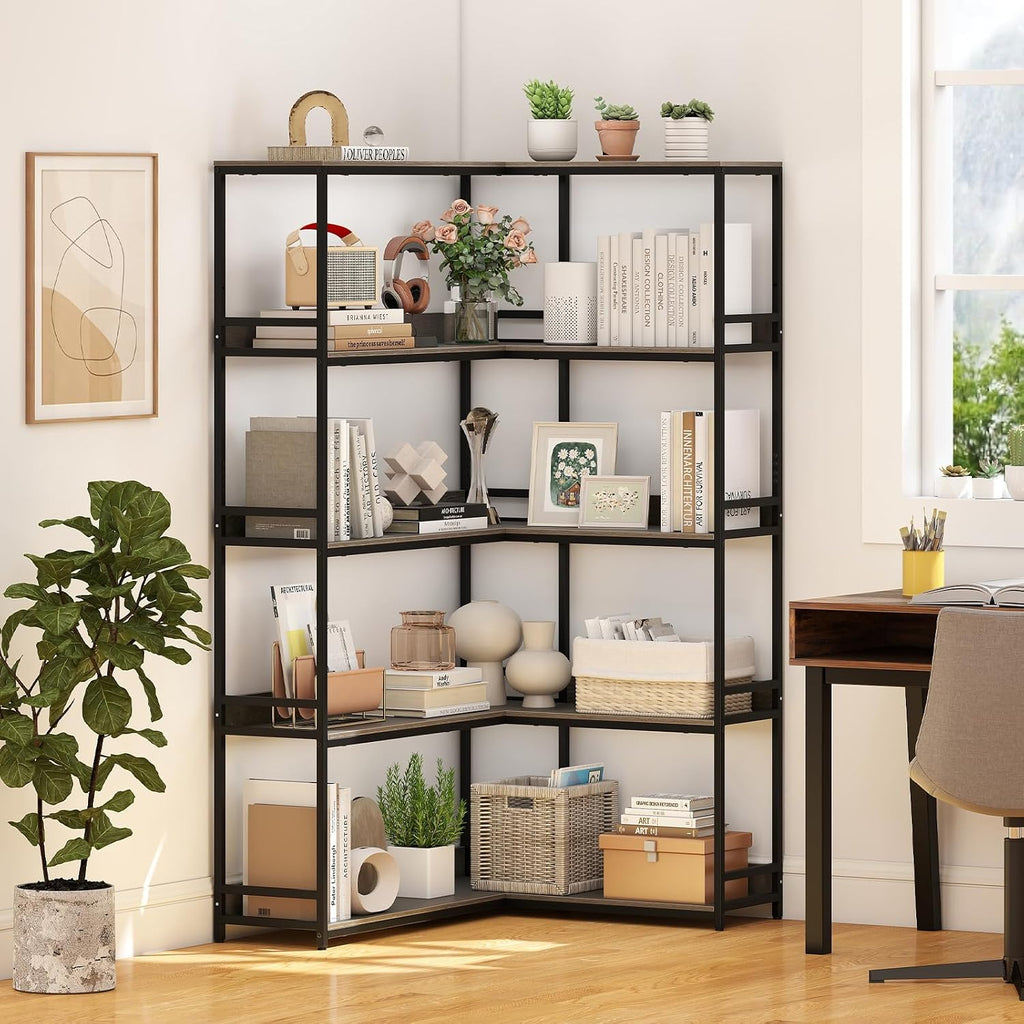 Giantex 5-Tier Corner Bookshelf, 71' L-Shaped Bookcase, Tall Etagere Bookshelf with Metal Frame, Industrial Open Display Shelf, Vertical Storage Rack for Living Room, Study, Office (Oak)