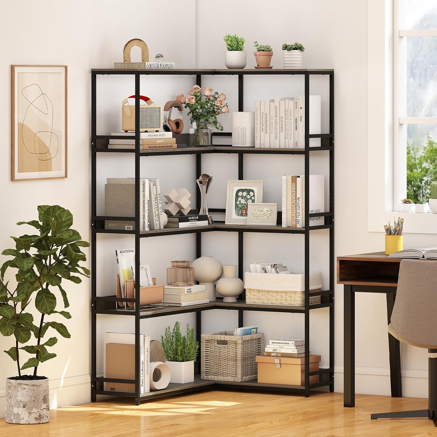 Giantex 5-Tier Corner Bookshelf, 71' L-Shaped Bookcase, Tall Etagere Bookshelf with Metal Frame, Industrial Open Display Shelf, Vertical Storage Rack for Living Room, Study, Office (Oak)