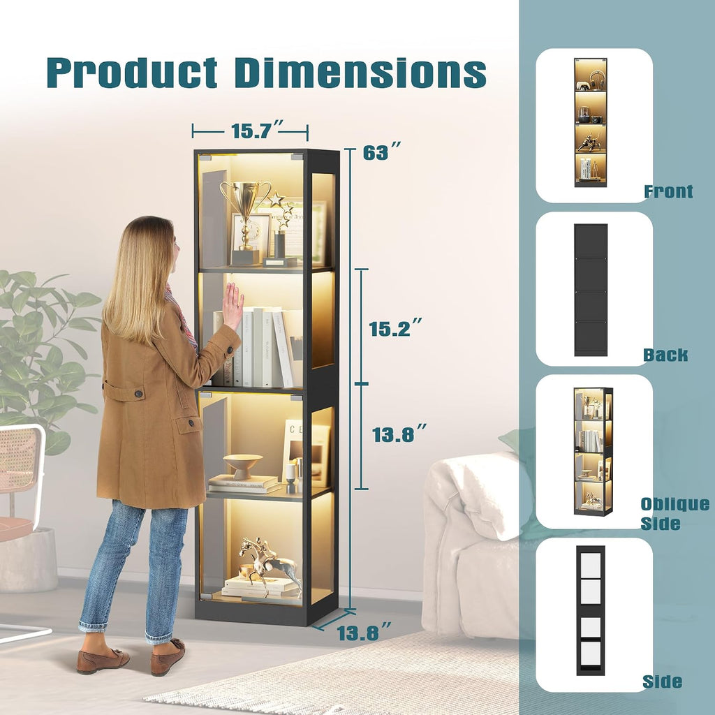 Grepatio Display Cabinet with Glass Doors, 4-Tier Display Case with RGB Lights, Glass Toy Display Cabinet for Collectible, Curio Cabinets Collectibles Display Shelf for Playroom, Living Room (Black)