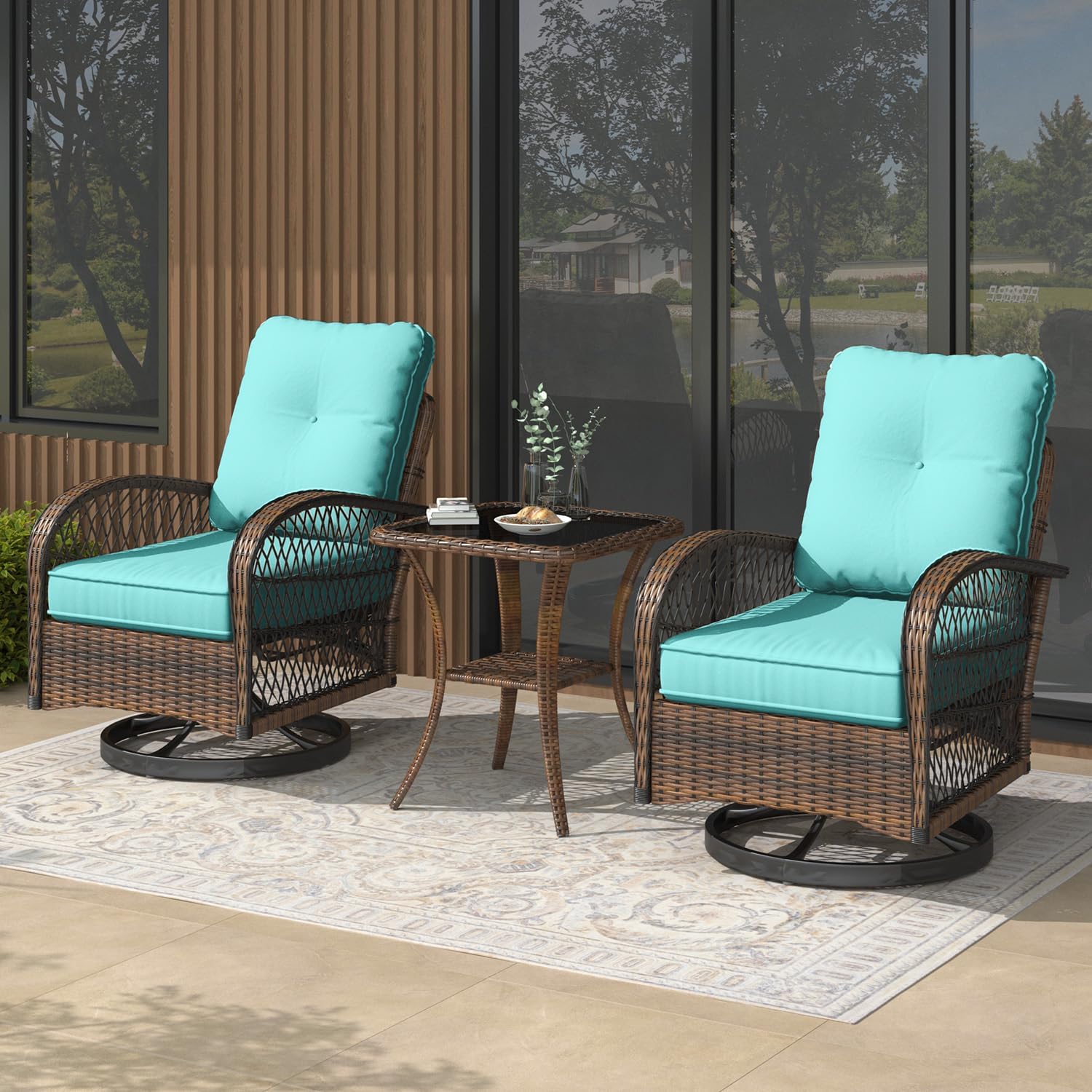 EROMMY 3 Pieces Patio Furniture Set, Outdoor Swivel Rocker Patio Chairs, Wicker Patio Bistro Set with Rocking Chair, Thickened Cushions and Glass Coffee Table for Backyard, Garden, Blue