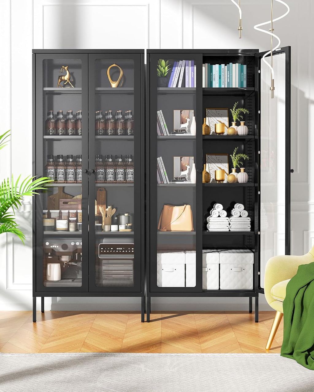 Greenvelly Metal Glass Display Cabinet with 5-Tier Storage Shelves, Tall Curio Cabinet with Glass Doors and Shelves, Black Steel Cabinet Collectibles Display Case for Home Office, Living Room, Pantry