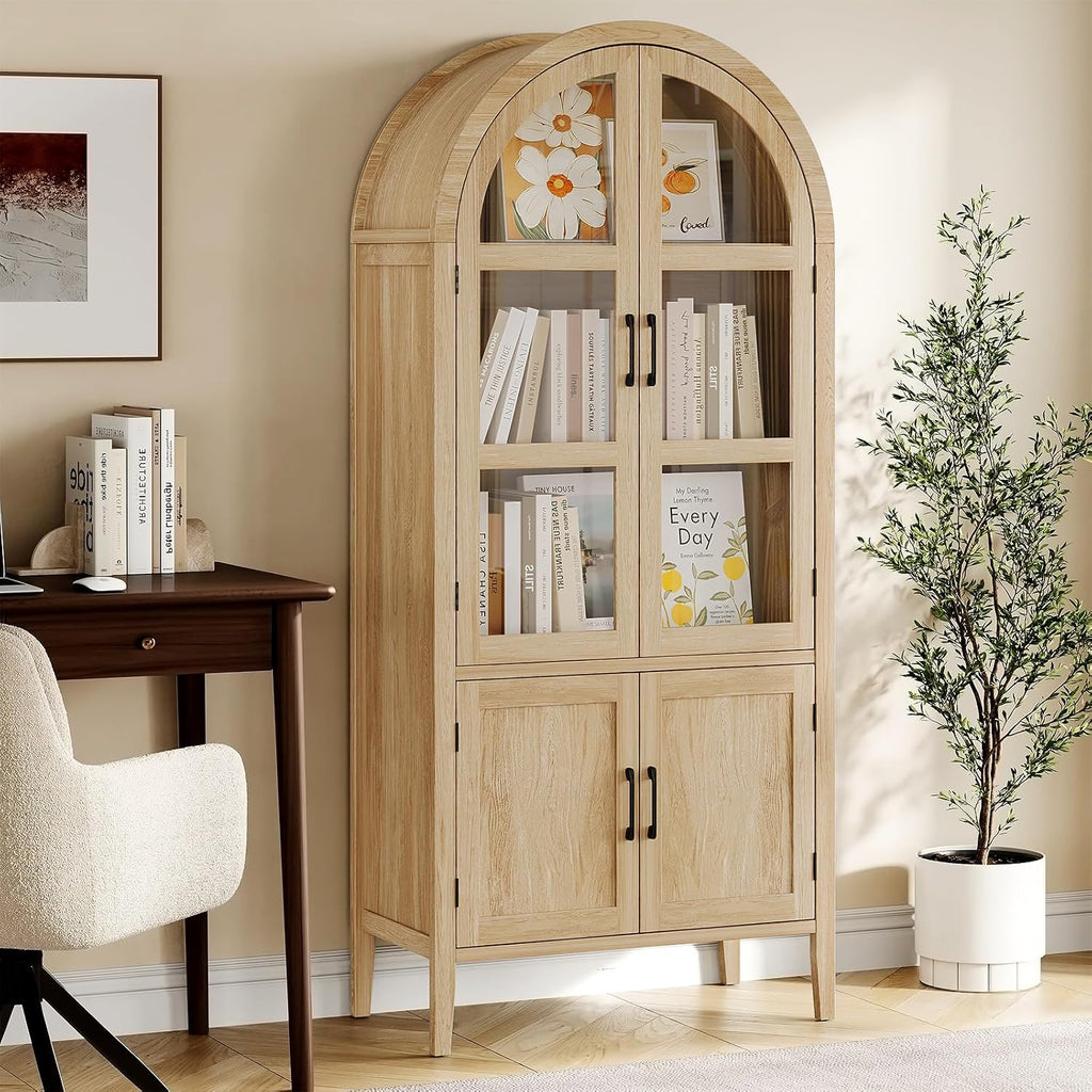 ONBRILL 71' Tall Arched Cabinet, 5-Tier Arched Kitchen Pantry with Glass Doors & Shelves, Modern Display Storage Cabinets with Adjustable Feet, Wooden Pantry Cabinet for Living Room, Dining Room
