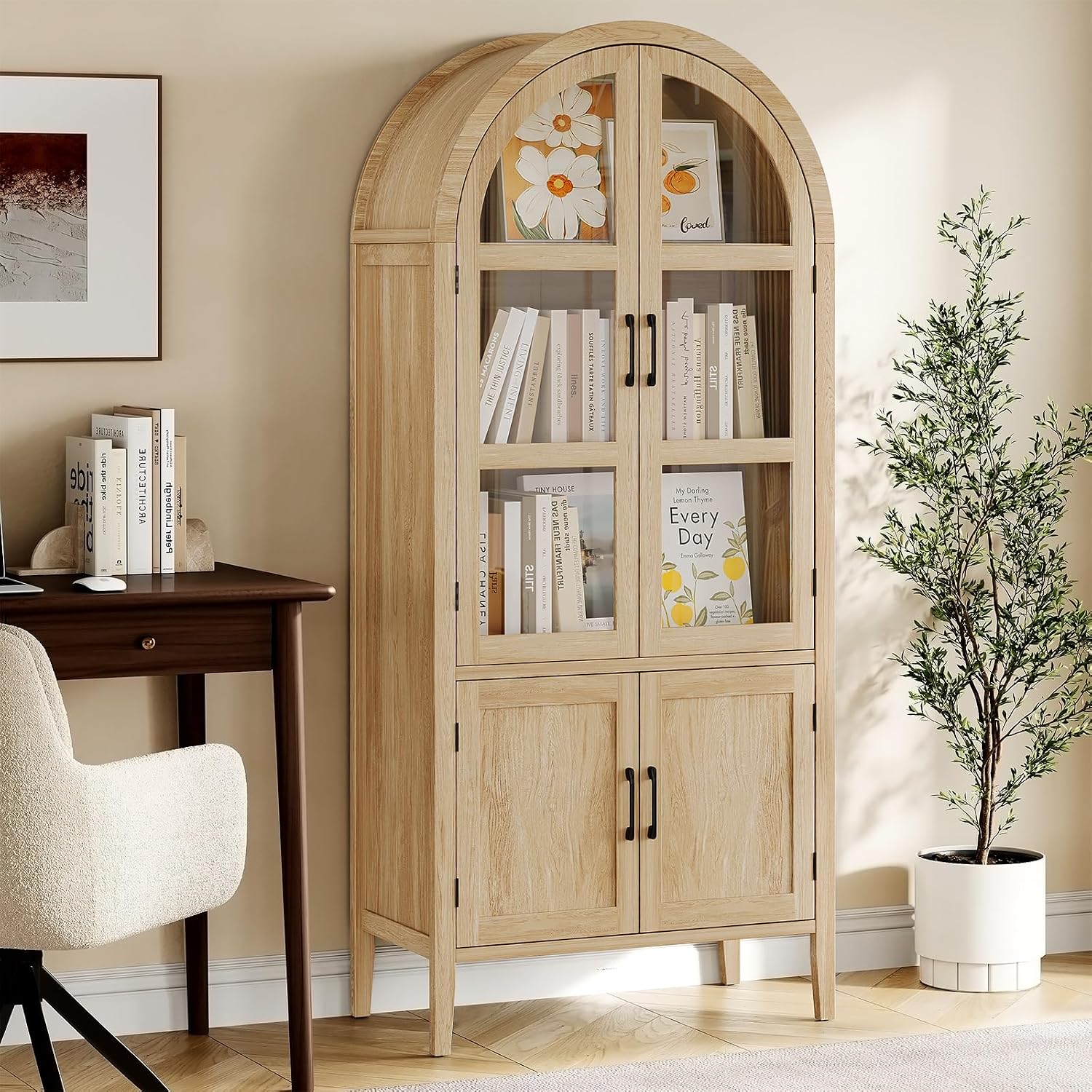 ONBRILL 71' Tall Arched Cabinet, 5-Tier Arched Kitchen Pantry with Glass Doors & Shelves, Modern Display Storage Cabinets with Adjustable Feet, Wooden Pantry Cabinet for Living Room, Dining Room