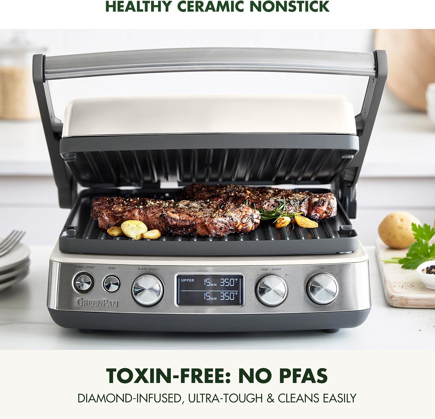 GreenPan Elite 7-in-1 Multi-Function Contact Grill & Griddle, Healthy Ceramic Nonstick Reversible Plates, Adjustable Shade & Shear, Closed Press/Open Flat Surface, PFAS-Free, Cream White