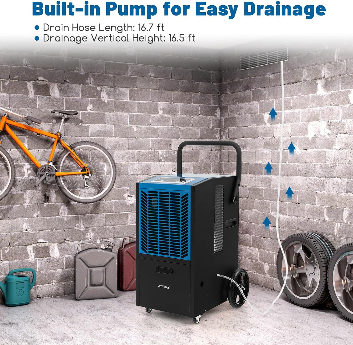 COSTWAY 163 Pints Commercial Dehumidifier, 4500 Sq.Ft Crawl Space Dehumidifier with Pump & Drain Hose, 24H Timer, for Basement, Warehouse, Job Site (Blue)