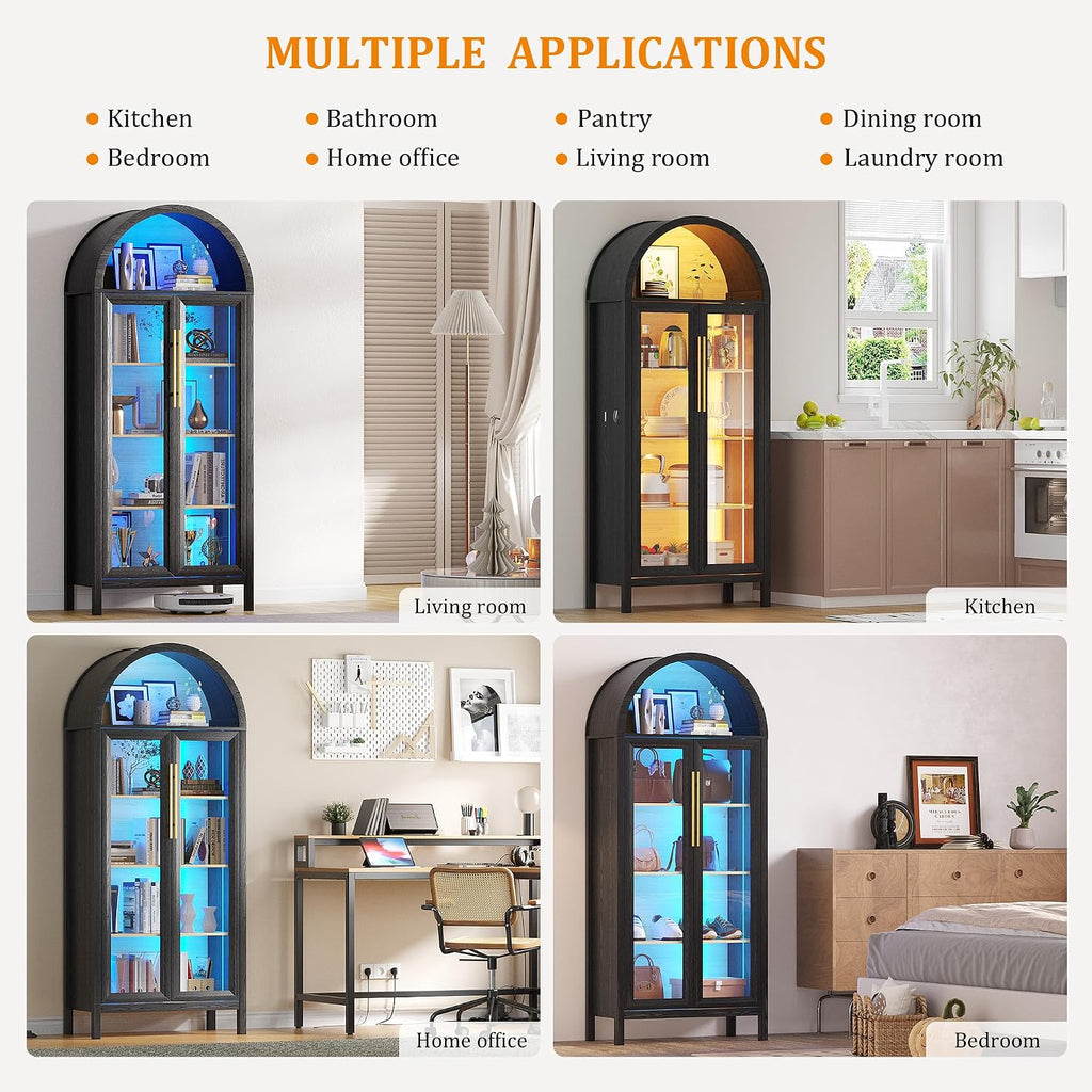 HWB Display Cabinet with Glass Doors, 5-Tier Tall Curio Cabinet with Lights for Collectibles, LED Display Case for Book/Medal/Figure, Black
