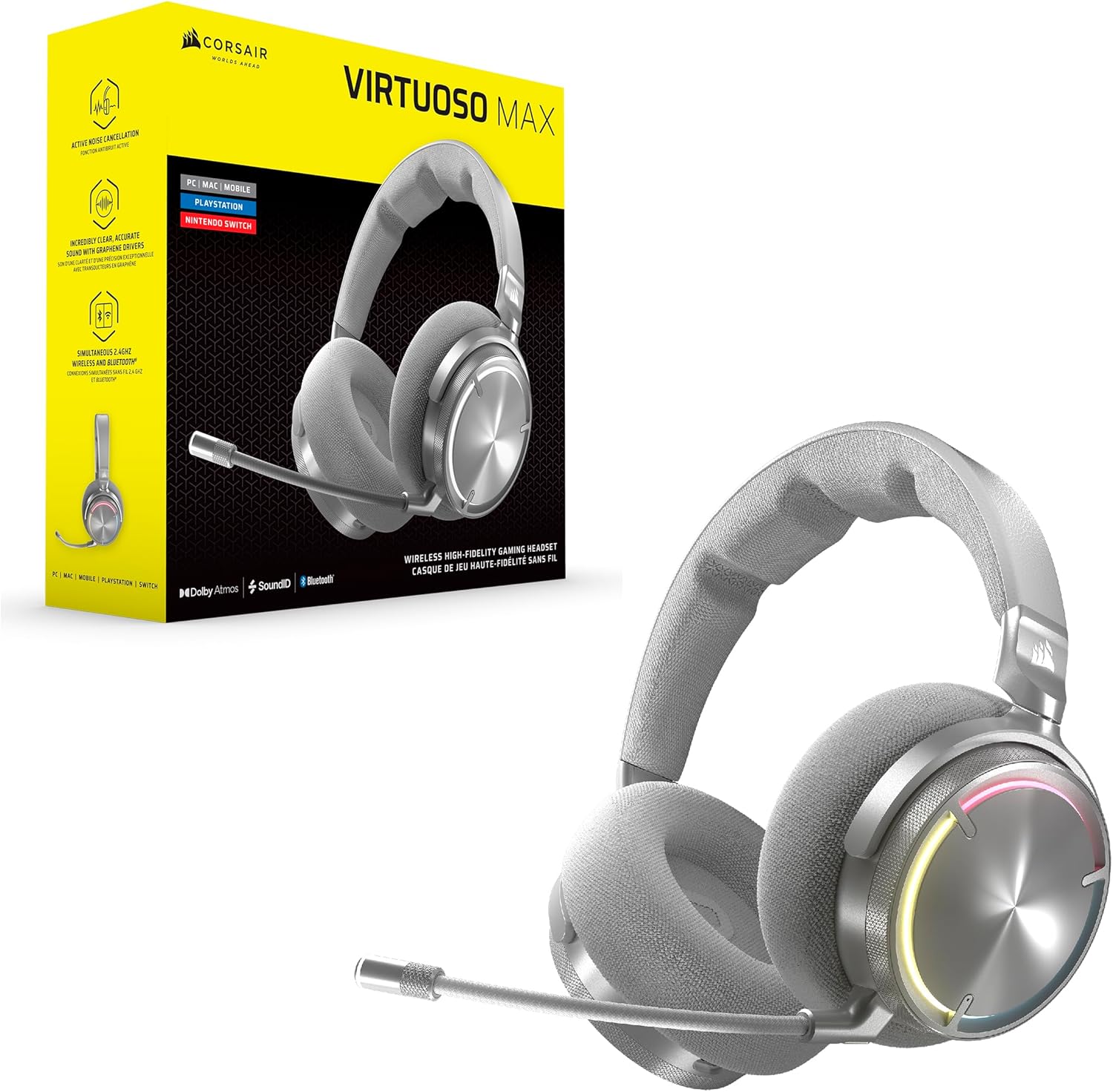 Corsair Virtuoso MAX Wireless Gaming Headset – Dolby Atmos, Active Noise Cancelling, Sonarworks SoundID, Simultaneous 2.4GHz Wireless & Bluetooth, 50mm Graphene Drivers, PC, Mac, PS5/PS4 – Silver