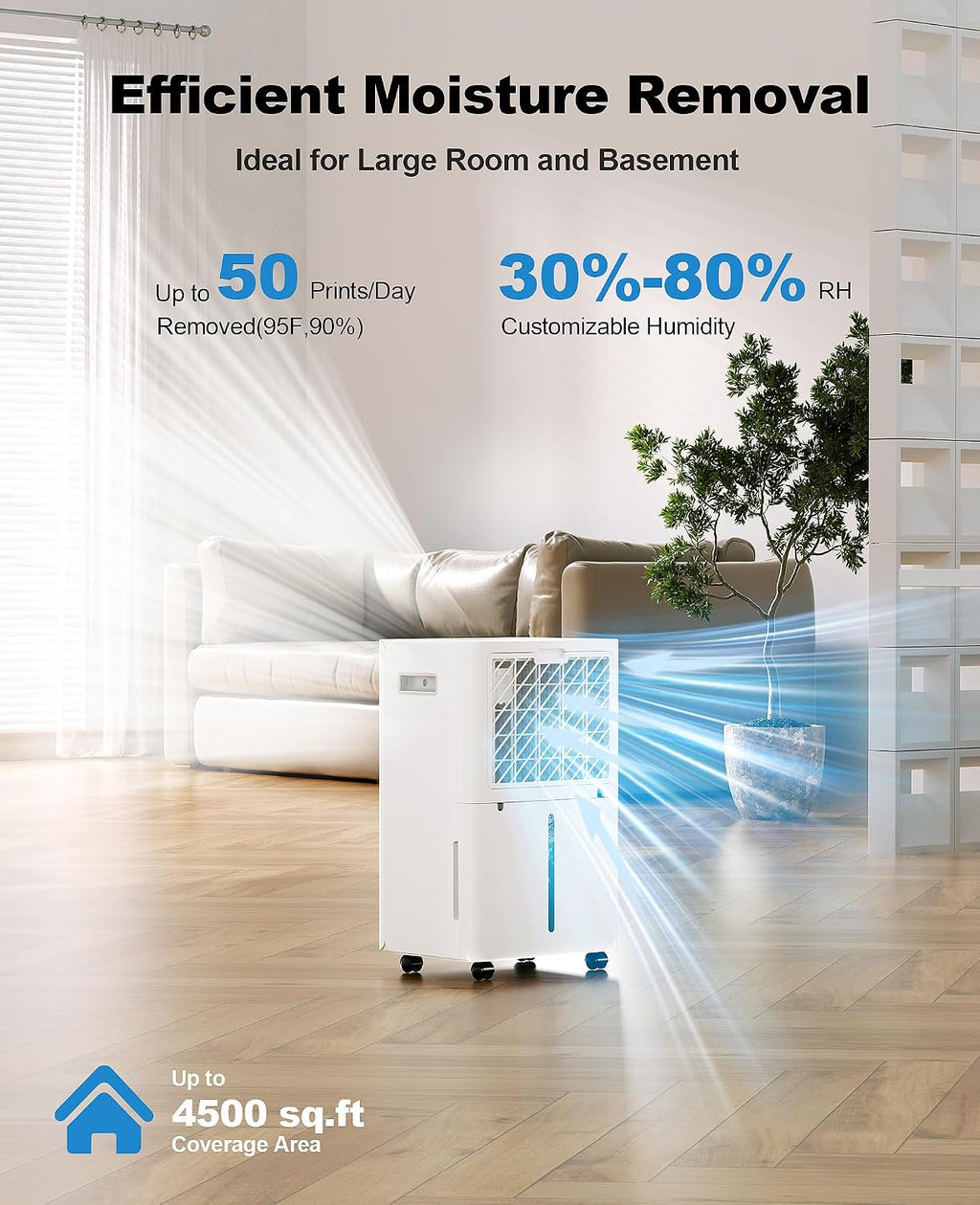 50 Pint Dehumidifier for Large Rooms & Basements, Up to 4,500 Sq.Ft, Automatic Humidity Control with Continuous Drain, Quiet 40dB, 24-Hour Timer, Wheels & Child Lock
