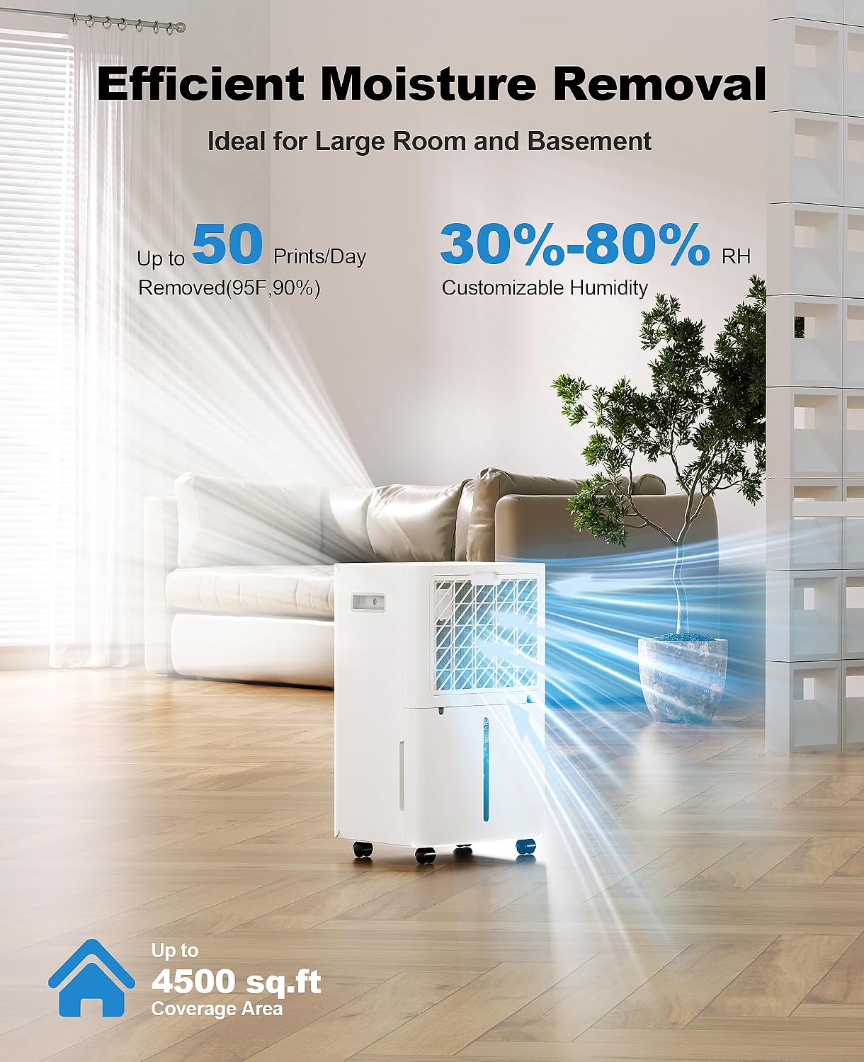 50 Pint Dehumidifier for Large Rooms & Basements, Up to 4,500 Sq.Ft, Automatic Humidity Control with Continuous Drain, Quiet 40dB, 24-Hour Timer, Wheels & Child Lock