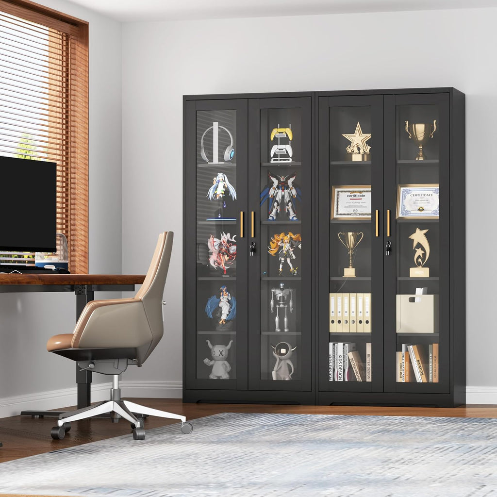 UNICOLY Lockable Display Cabinet with Glass Doors, Curio Cabinets with 4 Adjustable Shelves, Liquor Bookcase Bookshelf with Doors, Metal Storage Cabinet for Living Room Pantry, Black