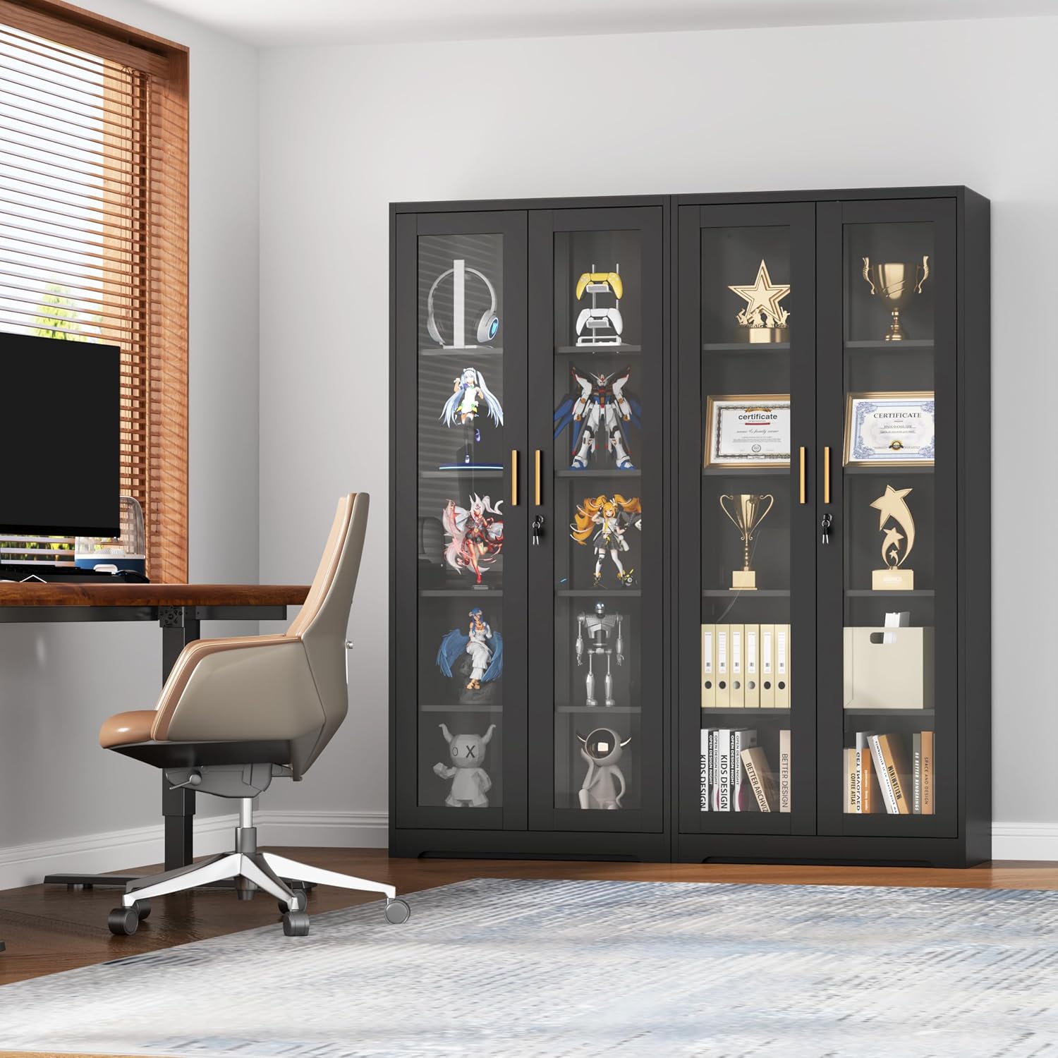 UNICOLY Lockable Display Cabinet with Glass Doors, Curio Cabinets with 4 Adjustable Shelves, Liquor Bookcase Bookshelf with Doors, Metal Storage Cabinet for Living Room Pantry, Black