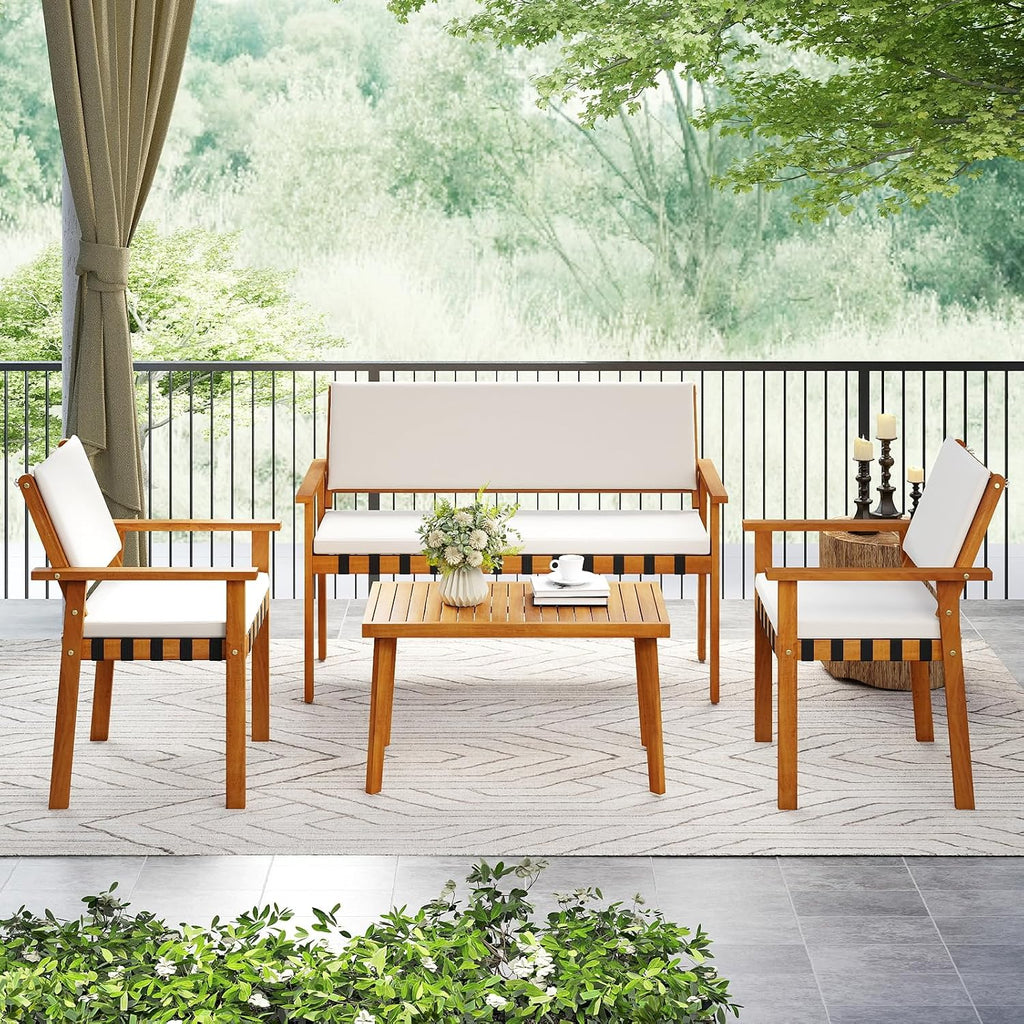 Tangkula 4 Pieces Wood Patio Furniture Set, Outdoor Acacia Wood Cuhioned Conversation Set with Coffee Table, for Backyard,Porch,Garden,Lawn