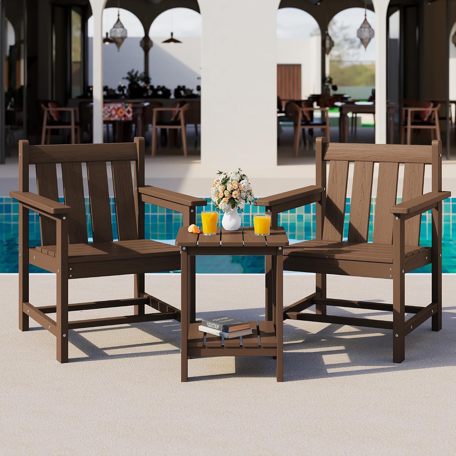 SEWRWALL 3 Pieces Patio Bistro Set, All Weather Adirondack Chair Set with Side Table, HDPE Material Outdoor Patio Furniture Set for Balcony, Porch, Garden, Backyard- Brown