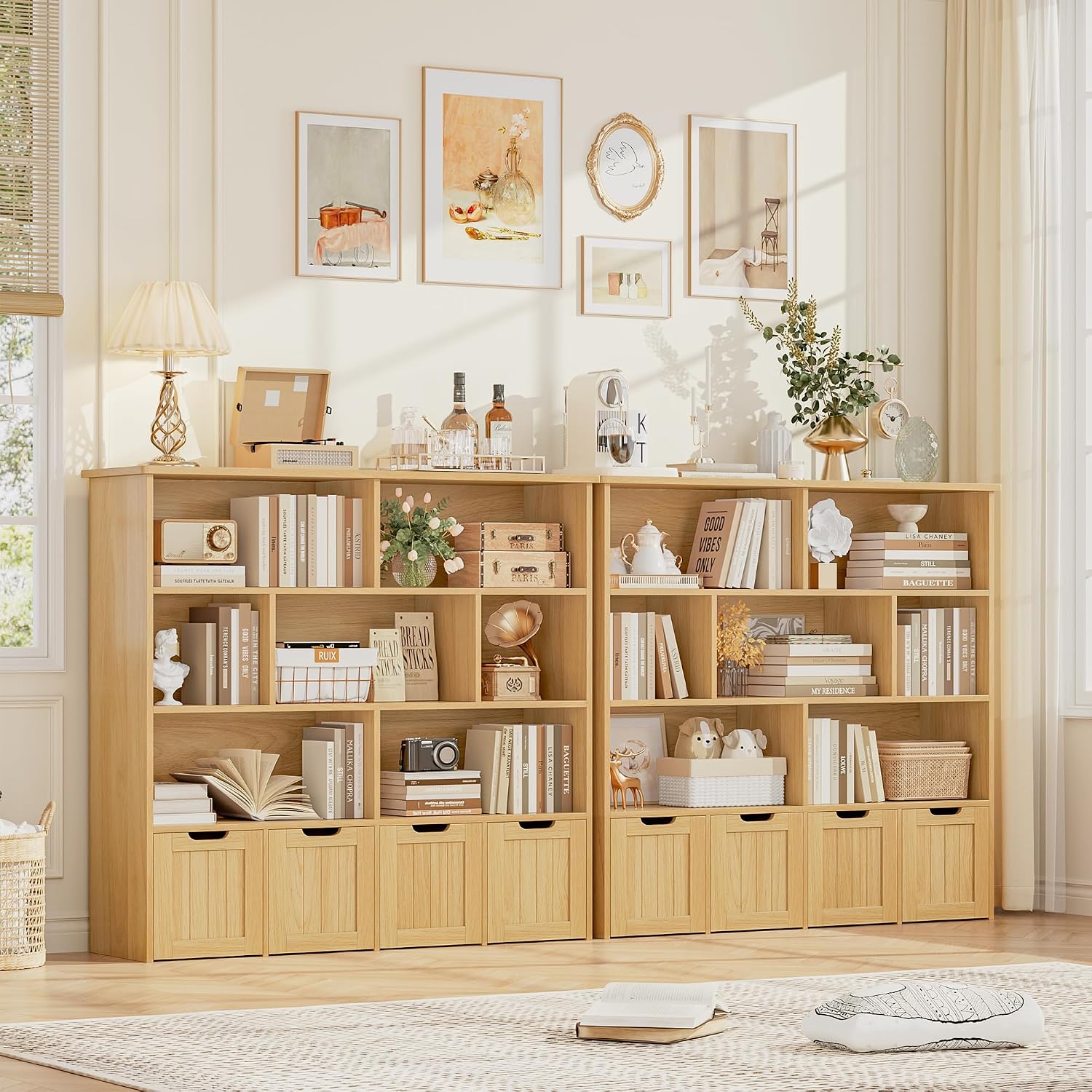FINETONES Toy Storage Organizer, Kids Bookshelf with 4 Movable Chests and 7 Storage Cubes, Toy Chest Storage Shelf Organizer with Hidden Wheels, Toy Organizers and Toy Storage, Natural