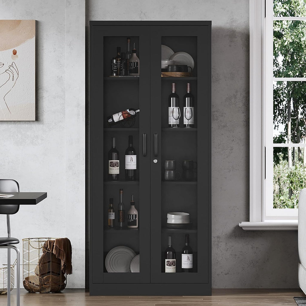 Glass Display Cabinet with 4 Adjustable Shelves, 71' Tall Curio Cabine with Tempered Glass Door, Liquor Cabinet with Lock, 5-Tier Bookcase Storage Cabinet for Home, Study, Living Room (Black)