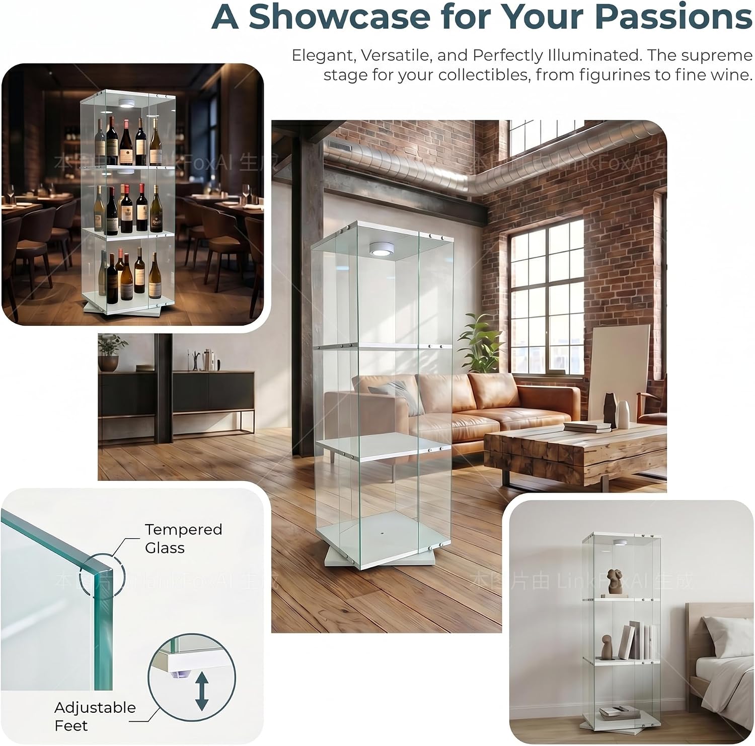 3-Tier Rotating Tempered Glass Display Cabinet, Floor Standing Curio Case with LED Touch Lights, Adjustable Feet for Living Room Corridor, Holds Collectibles Figurines Wine Trophy Jewelry,White