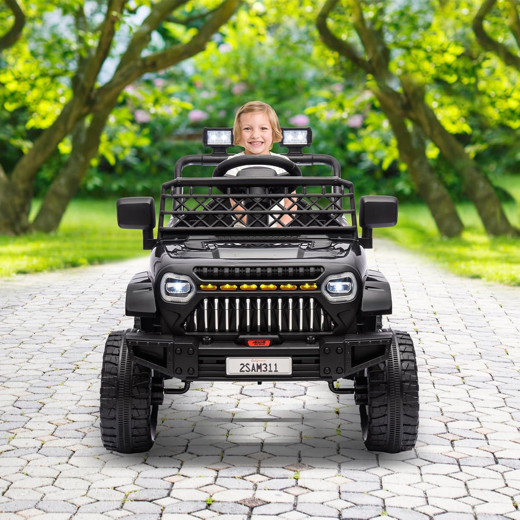 12V Ride On Car for Kids Electric Vehicle Toddlers Battery Powered Truck Car Toy with Remote Control, 4-Wheel Suspension, Battery Display, LED Lights, Music, for Boys Girls, Black