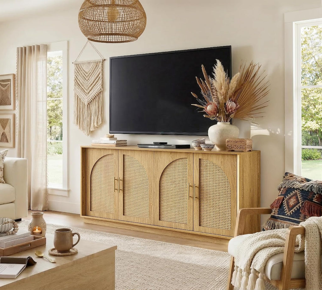 FORTUNETEC 63' Sideboard Buffet Cabinet with Storage, Modern Accent Cabinet with Rattan Arched Doors, Modular Media Console, Boho Credenza for Living Room Kitchen Dining Room Entryway, Oak