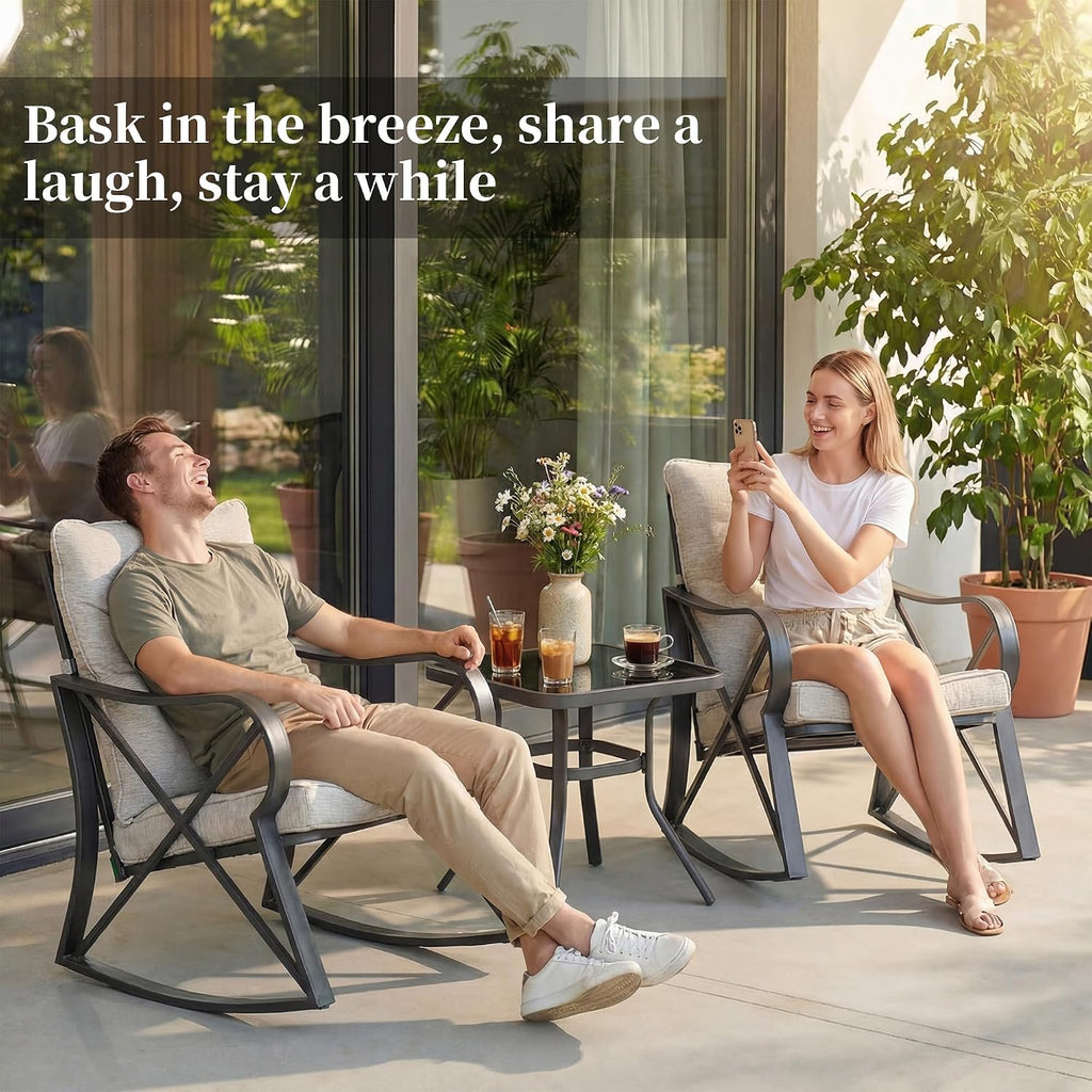 COSIEST 3 Piece Bistro Set Patio Rocking Chairs Outdoor Furniture w Beige Cushions, Glass-Top Table for Garden, Pool, Backyard