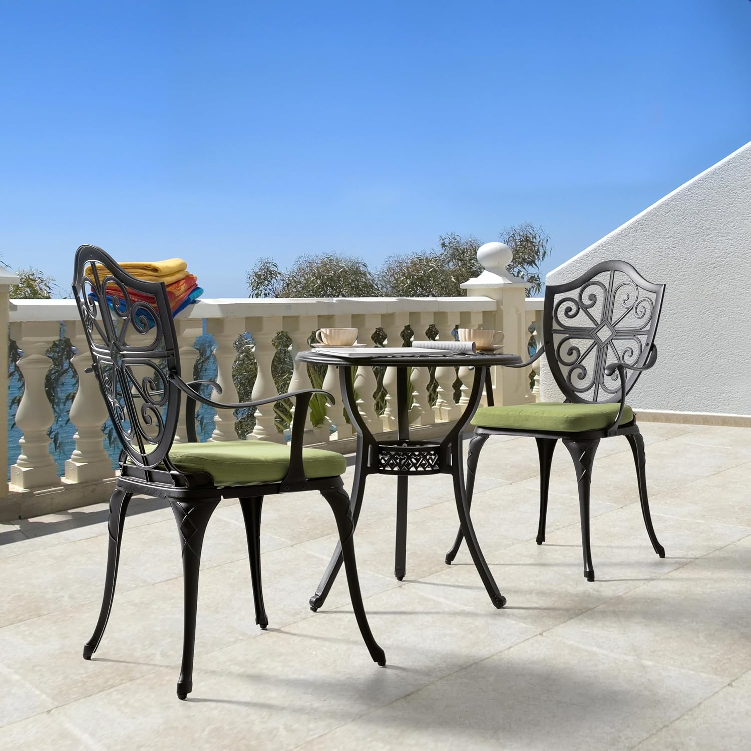 NUU GARDEN Outdoor 3 Piece Bistro Set with Cushions Round 24 Inch Cast Aluminum Table with 2.17 Inch Umbrella Hole and 2 Cast Aluminum Bistro Chairs for Patio Garden Backyard and Balcony Black