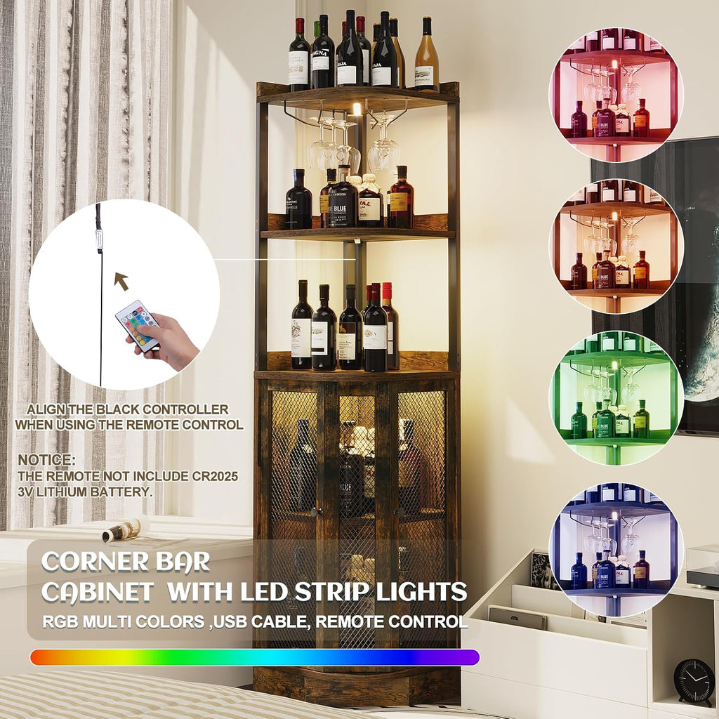 EOYUTLLY Corner Bar Cabinet with Power Outlet and LED Strip, 65' H 5-Tier Corner Liquor Wine Display Cabinet for Home, Storage Solution for Living Room, Kitchen, Home Bar, Brown