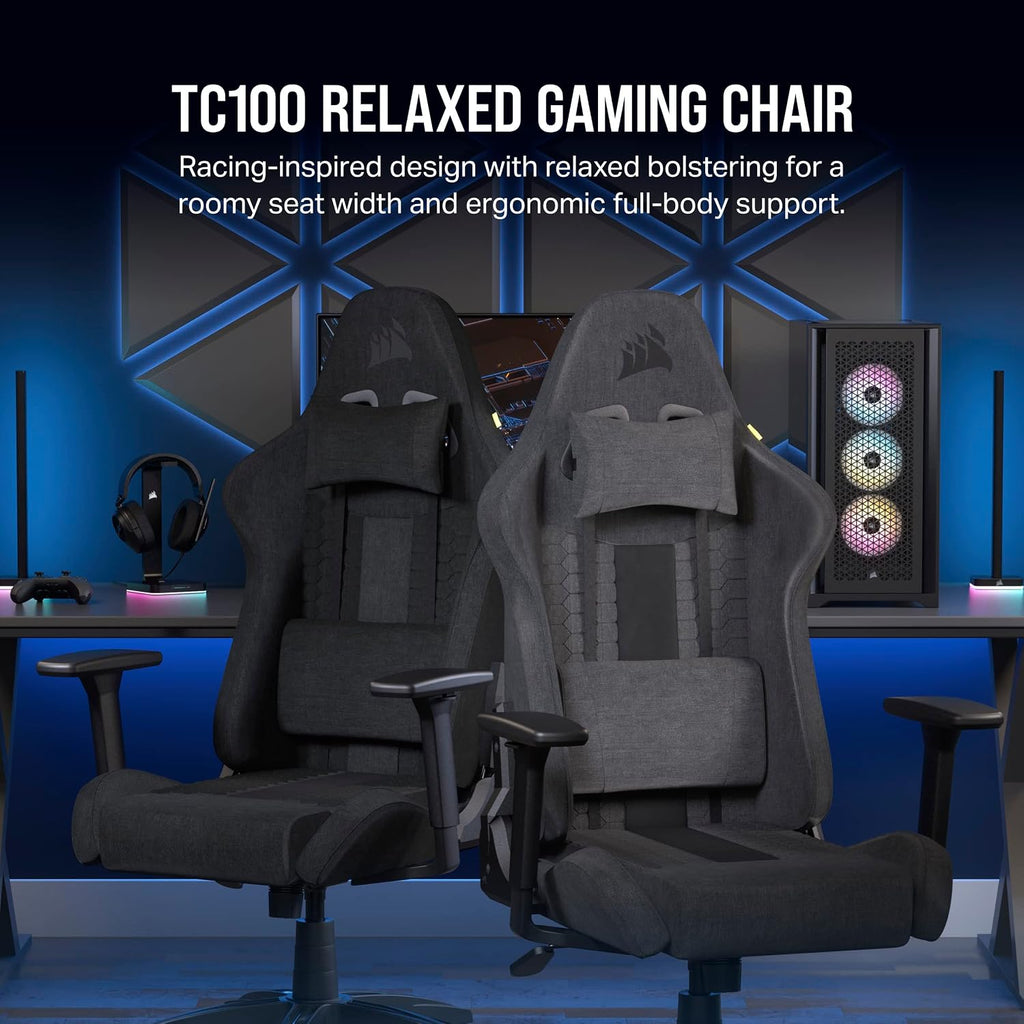 Corsair TC100 Relaxed Gaming Chair - Fabric - Racing-Inspired Design - Lumbar Pillow - Detachable Memory Foam Neck Pillow - Adjustable Seat Height - Adjustable Armrests - Gray and Black