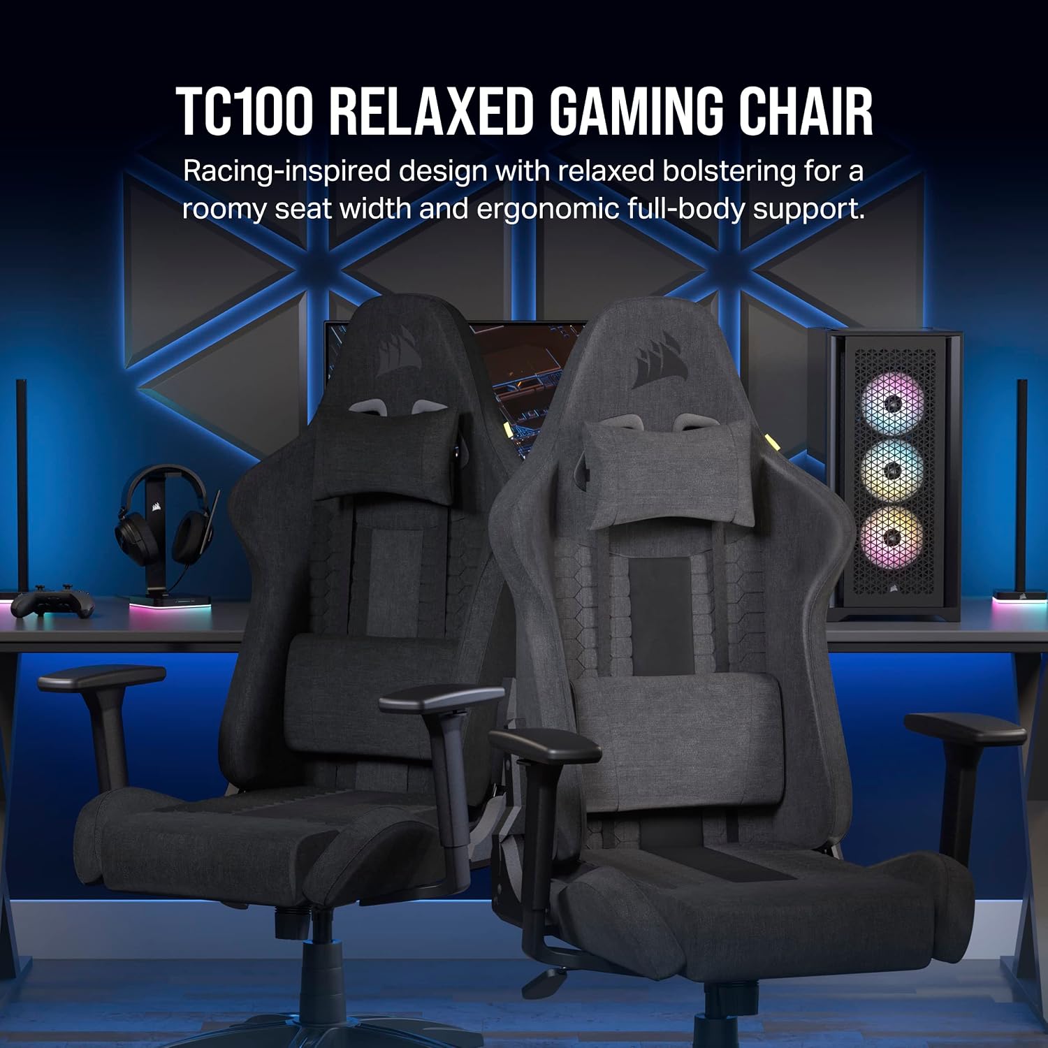 Corsair TC100 Relaxed Gaming Chair - Fabric - Racing-Inspired Design - Lumbar Pillow - Detachable Memory Foam Neck Pillow - Adjustable Seat Height - Adjustable Armrests - Gray and Black
