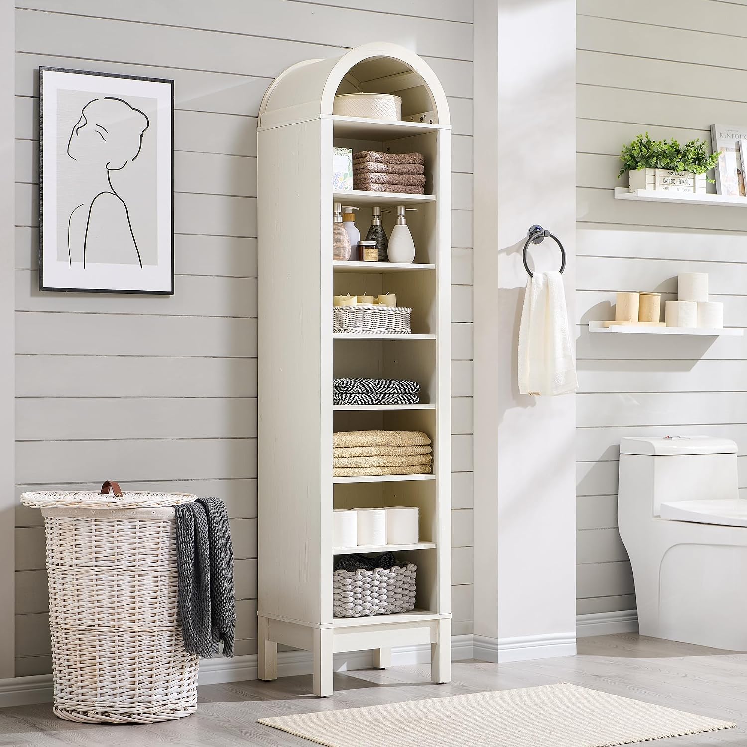 IFGET 71' Tall Arched Bookshelf, 8 Tiers Arch Bookcase with Storage, Modern Farmhouse Book Shelf with Adjustable Shelves, Wood Bookshelf w/Open Display Shelves for Living Room, Office (Antique White)