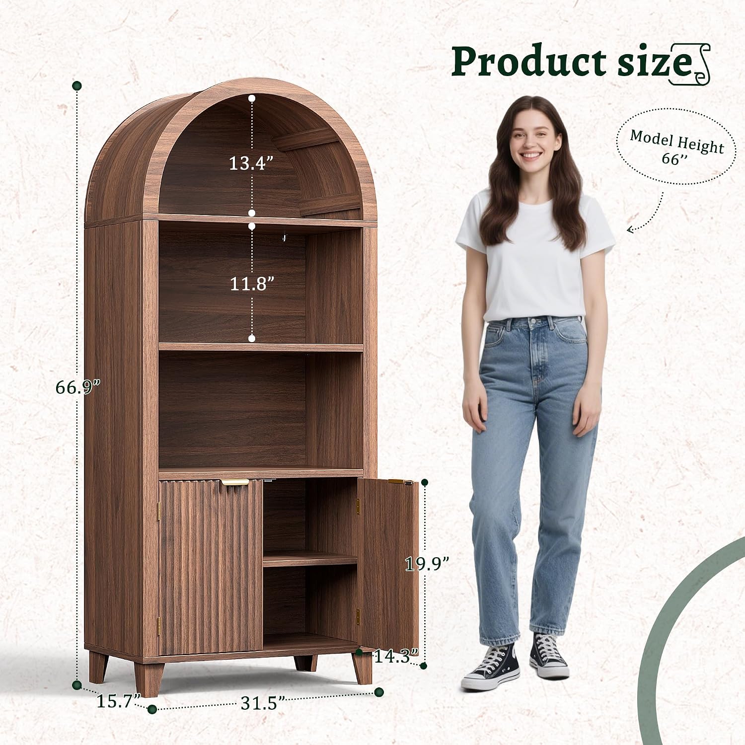 DurayLoly Book Shelf Arched Cabinet, 5-Tier Arched Bookcase with Doors and Adjustable Wood Shelves, Wooden Storage Cabinet with Open Display Shelf for Office,Living Room, Kitchen，Walnut