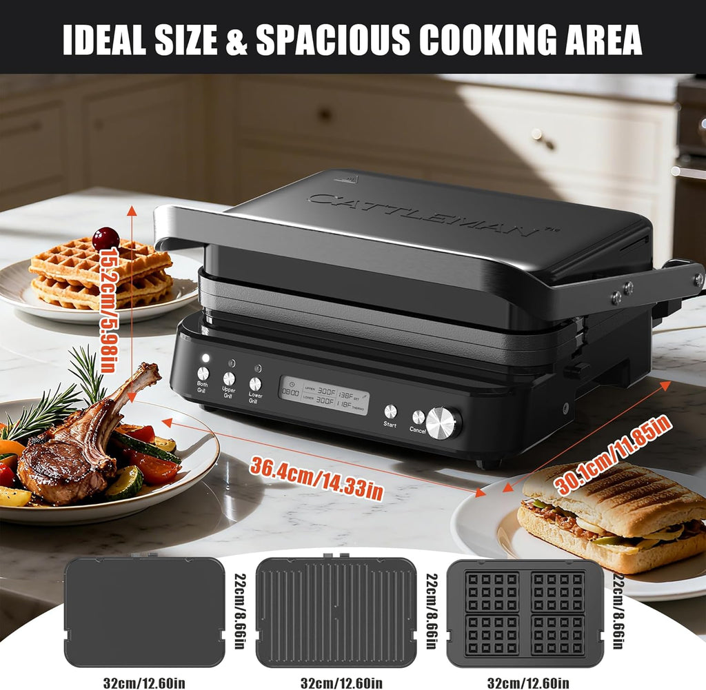 CATTLEMAN Panini Grill Press Sandwich Maker with Removable Plates, 1600W, 6 in 1 Waffle Maker & Electric Indoor Grill with Meat Thermometer, PFAS Free Ceramic Nonstick Reversible Plates, Opens Flat