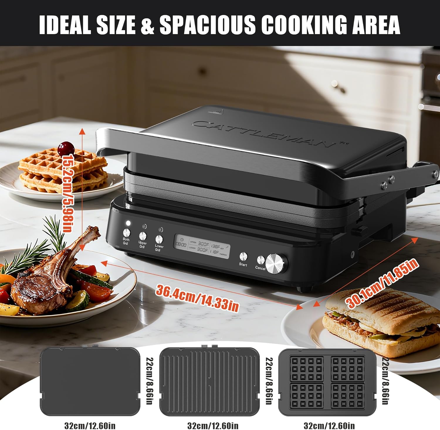 CATTLEMAN Panini Grill Press Sandwich Maker with Removable Plates, 1600W, 6 in 1 Waffle Maker & Electric Indoor Grill with Meat Thermometer, PFAS Free Ceramic Nonstick Reversible Plates, Opens Flat