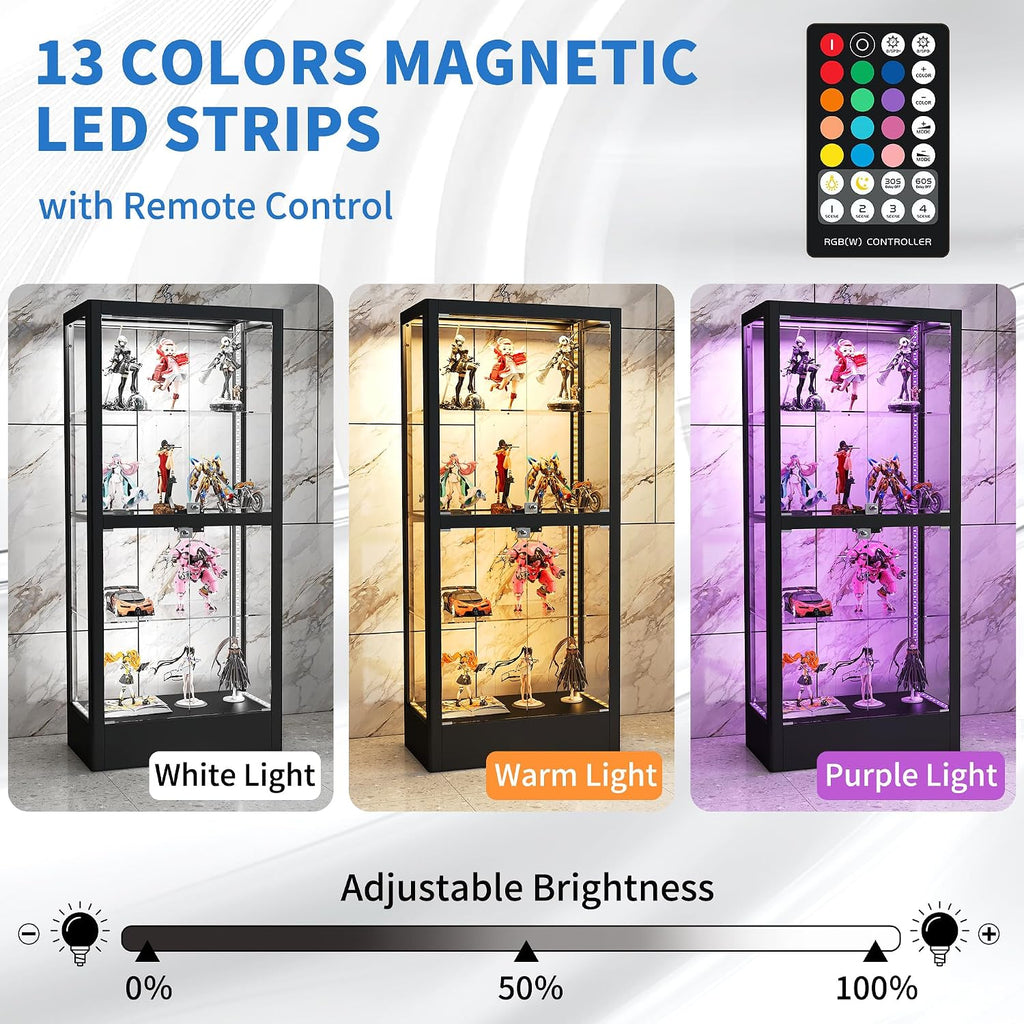 Glass Display Cabinet with 13-Color Light, 63' 4-Tier Curio Cabinet with 4 Glass Doors & Lock, Lighted Display Case with Adjustable Shelves for Collectibles Figures Trophy (Black)