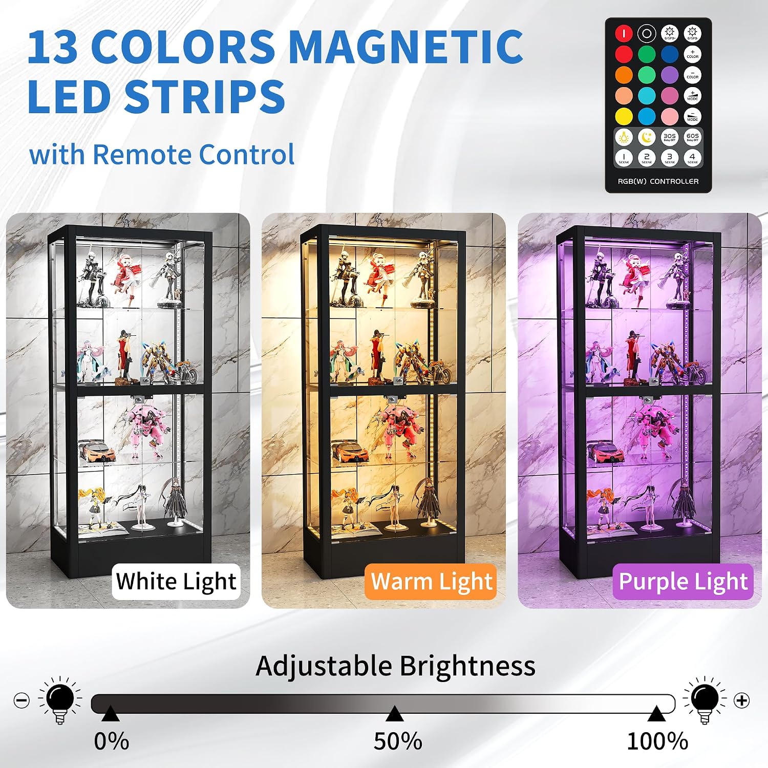 Glass Display Cabinet with 13-Color Light, 63' 4-Tier Curio Cabinet with 4 Glass Doors & Lock, Lighted Display Case with Adjustable Shelves for Collectibles Figures Trophy (Black)