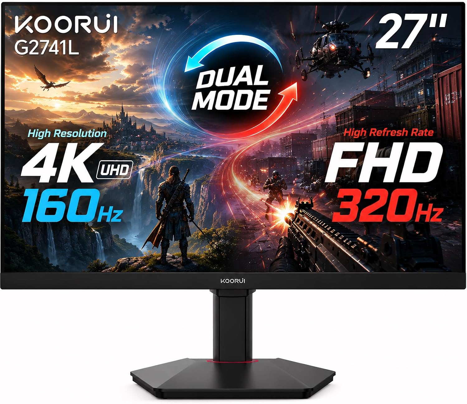 KOORUI 27' 4K Gaming Monitor - Dual Mode UHD 160Hz or FHD 320Hz, Fast IPS 1ms, FreeSync Premium & G-SYNC Compatible, HDMI 2.1/DP 1.4, HDR400, Height/Pivot/Tilt Adjustable, PC & Console Ready, G2741L