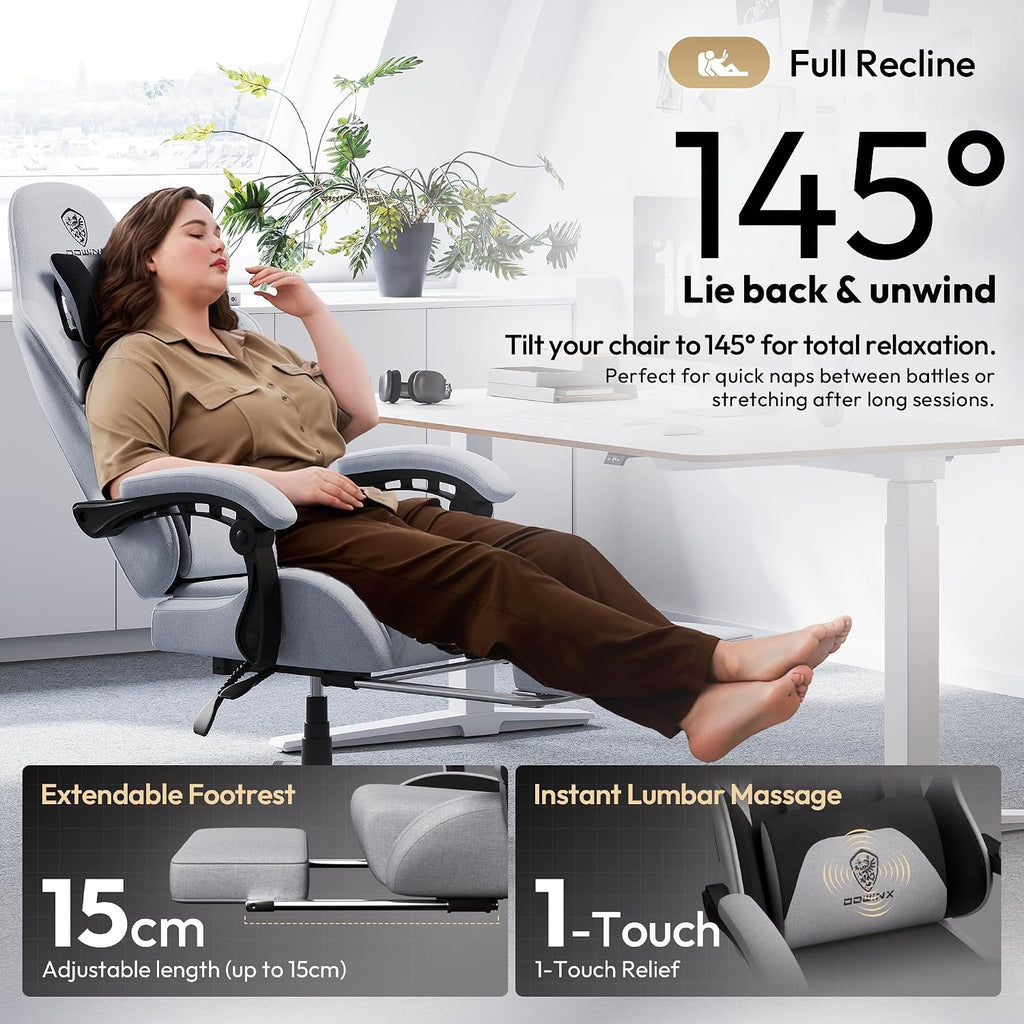 Dowinx Gaming Chair Fabric Big and Tall with Pocket Spring Cushion, Massage Game Chair Cloth with Headrest, Ergonomic Computer Chair with Footrest 350LBS, Black Grey
