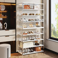 Tribesigns 8-Tier Acrylic Shoe Rack, Modern Shoe Storage with Wood Shelves, 63' Shoe Organizer Display Shelf for 24-32 Pairs, Space-Saving, White & Transparent (1)