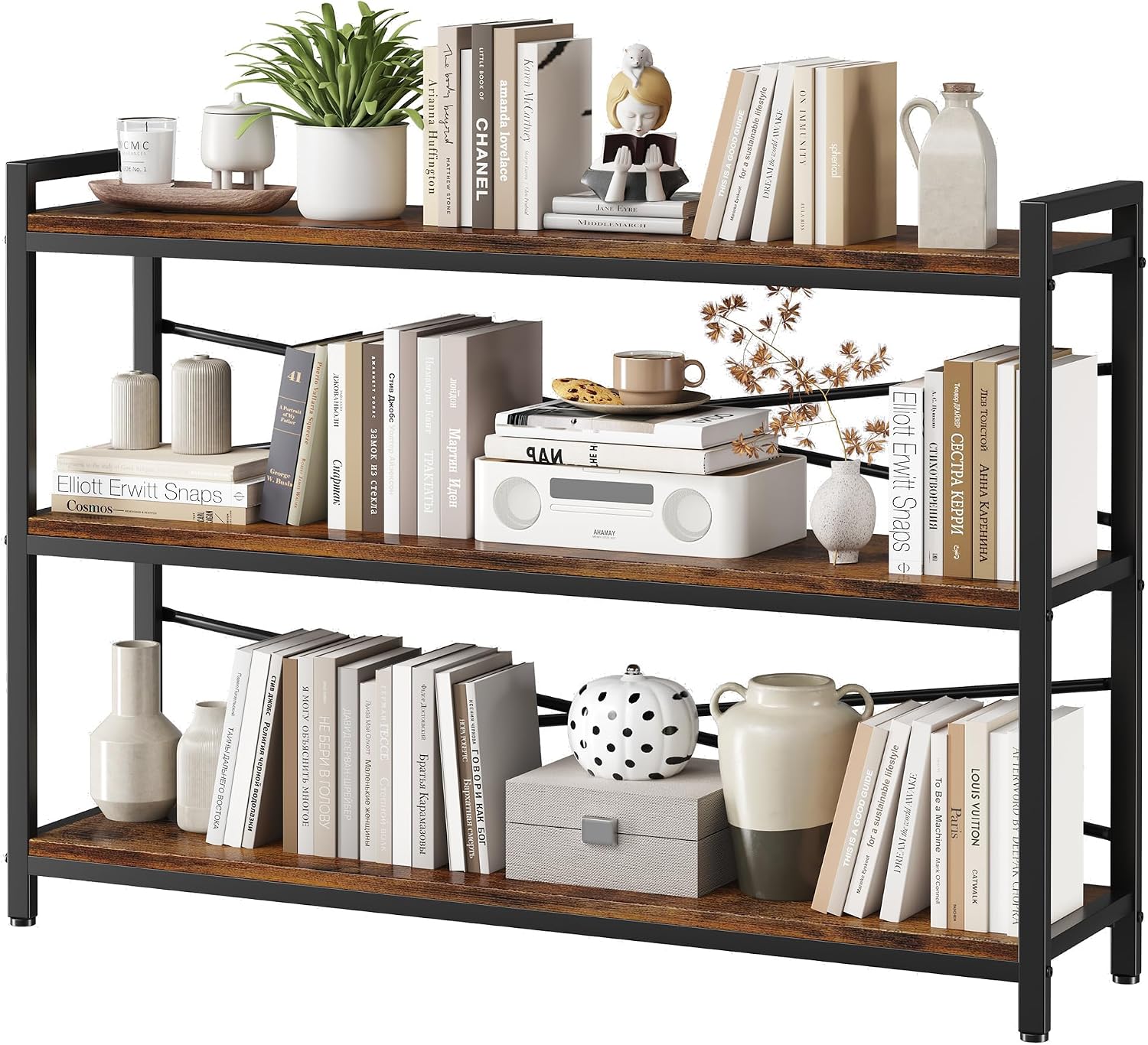 3 Tier Bookshelf 47.24' Width, Wood and Metal Etagere Bookcase, Vintage Farmhouse Modern Wooden Large Book Shelf for Home Living Room Bedroom Office Storage(Rustic Brown)