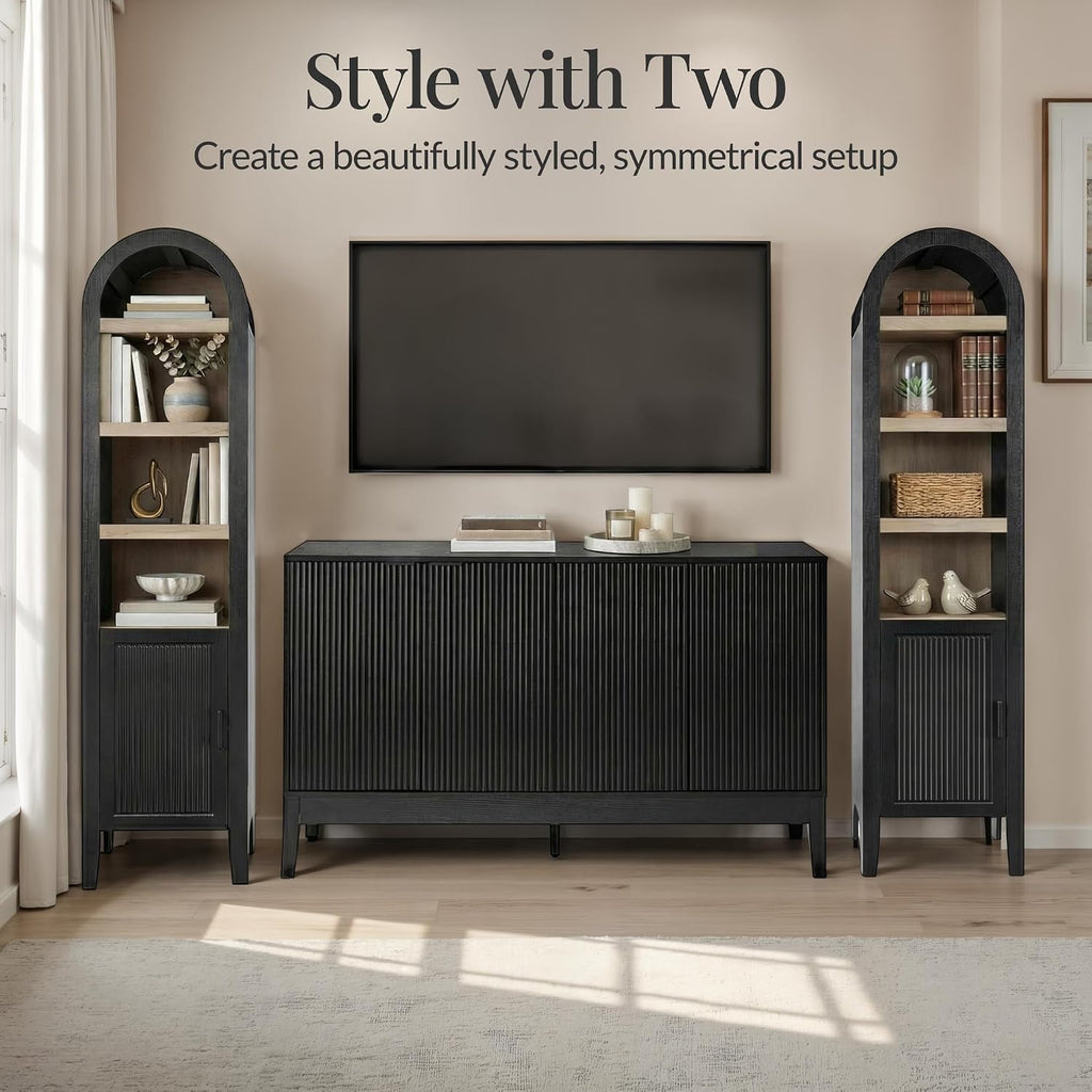 Best Choice Products 72' Tall Narrow Arched Pantry Cabinet w/Reeded Door, 4-Tier Bookshelf, Armoire, Hutch, Bookcase, Storage Cabinet w/Adjustable Shelves, for Dining Room and Livingroom - Black Oak