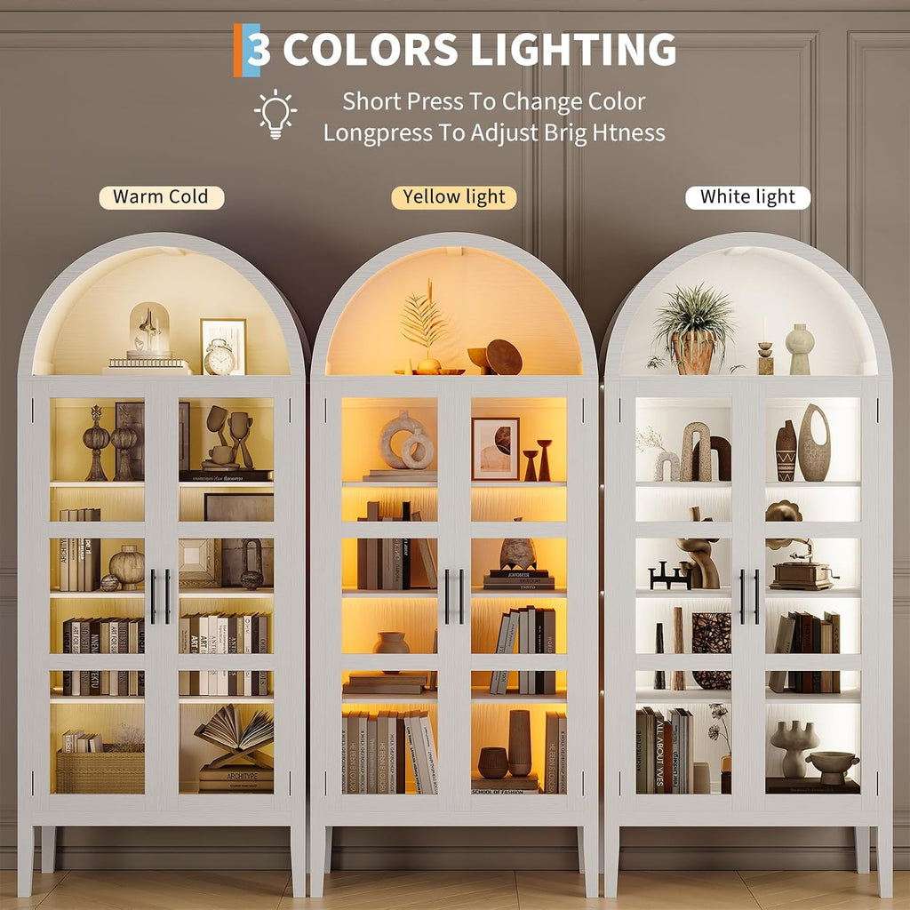 GarveeHome 70 in Tall Arched Kitchen Pantry Cabinet with LED Lights, Modern Wood Arched Bookshelf with Glass Doors & Adjustable Shelves, Elegant Display Cabinet for Kitchen, Dining Room, Living Room