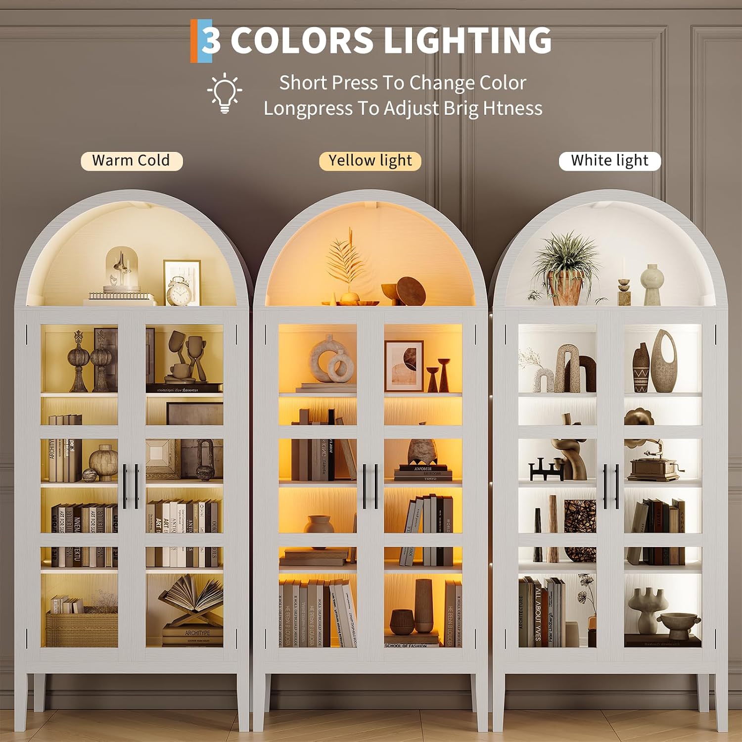GarveeHome 70 in Tall Arched Kitchen Pantry Cabinet with LED Lights, Modern Wood Arched Bookshelf with Glass Doors & Adjustable Shelves, Elegant Display Cabinet for Kitchen, Dining Room, Living Room