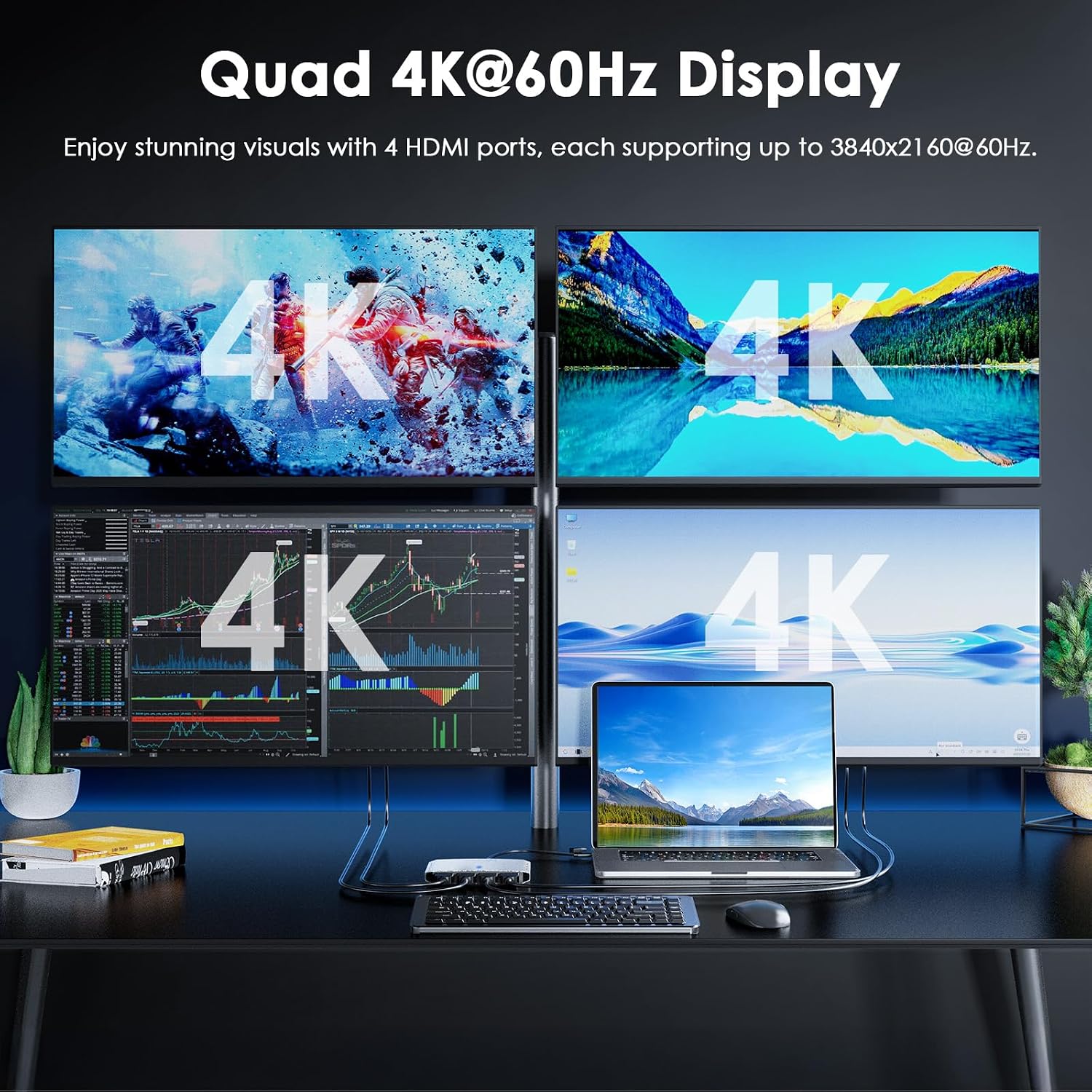 WAVLINK USB 3.0 or USB-C to Quad HDMI Splitter Extended Display for Four Monitor with 85W PD, Displaylink Adapter 4 HDMI 4K@60Hz for Mac M1-M5/Macbook Neo or Windows 10/11, Driver Required