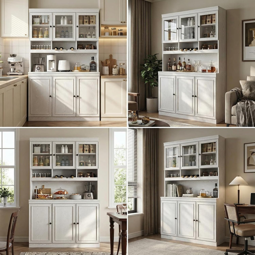 LIKIMIO 74.8' China Cabinet with Glass Doors, Tall Kitchen Pantry, Storage Cabinet with Microwave Stand, 4 Adjustable Shelves, Wine & Glass Station, Modern Display Cabinet for Home Living Room, White