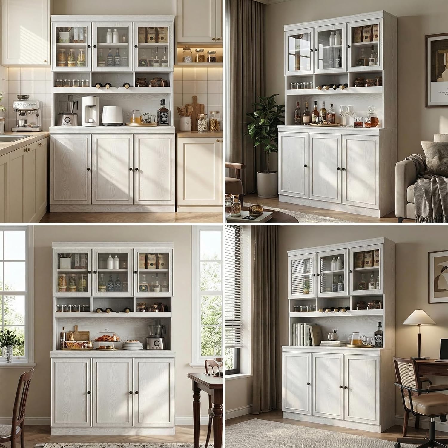 LIKIMIO 74.8' China Cabinet with Glass Doors, Tall Kitchen Pantry, Storage Cabinet with Microwave Stand, 4 Adjustable Shelves, Wine & Glass Station, Modern Display Cabinet for Home Living Room, White